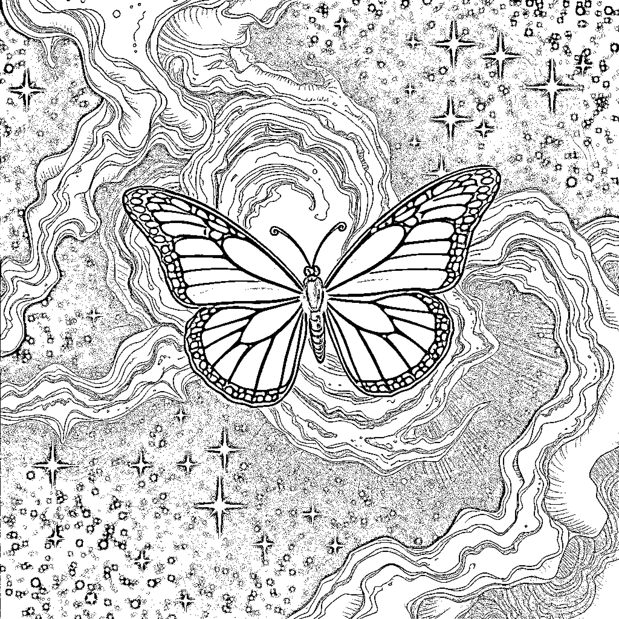 Butterfly Gliding Through a Mystical Landscape Coloring Page (free black-and-white line drawing printable PDF for all, from beginners to advanced learners, including children, teens, adults, and seniors)