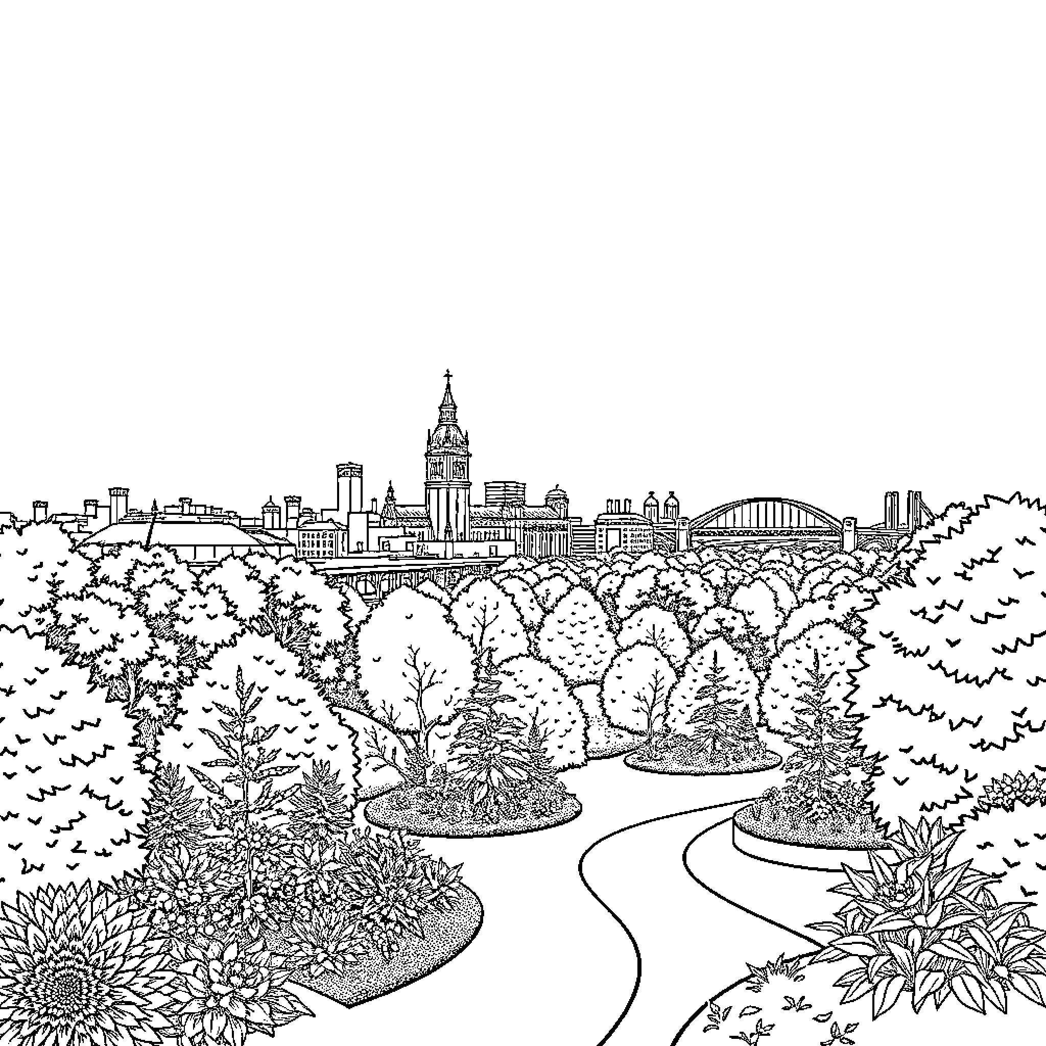 Newcastle skyline and landscaped gardens Coloring Page (free black-and-white line drawing printable PDF for all, from beginners to advanced learners, including children, teens, adults, and seniors)