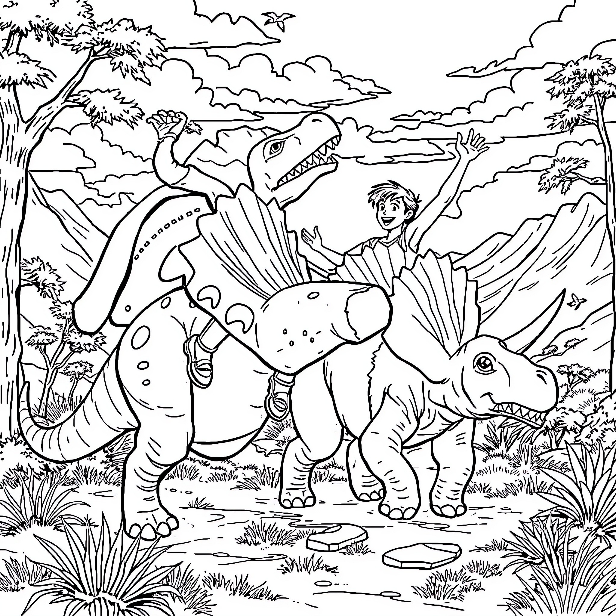 Héros Riding Dinosaurs in Prehistoric Landscape Coloring Page (free black-and-white line drawing printable PDF for all, from beginners to advanced learners, including children, teens, adults, and seniors)