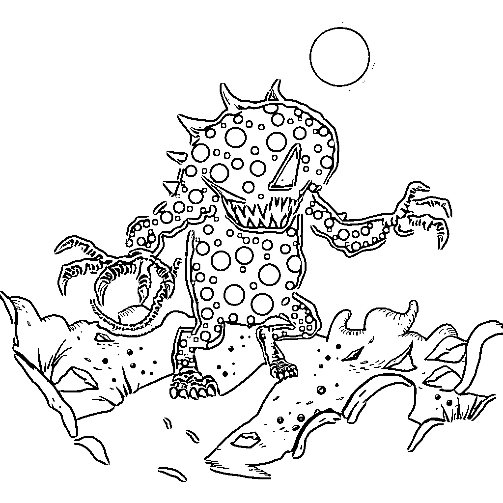 Monster Attacking Underwater Creatures Coloring Page (free black-and-white line drawing printable PDF for all, from beginners to advanced learners, including children, teens, adults, and seniors)