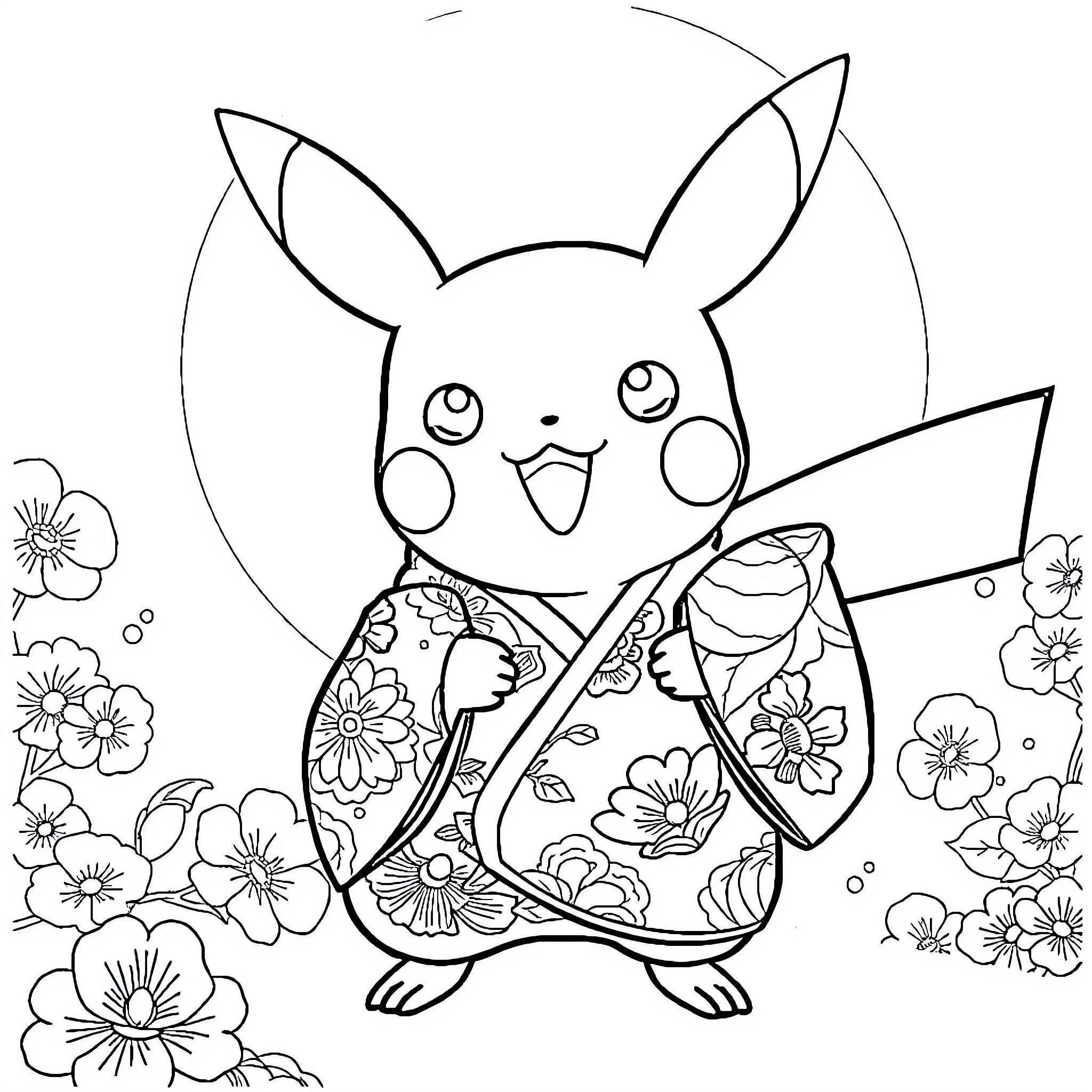 Pikachu enjoying floral scenery Coloring Page (free black-and-white line drawing printable PDF for all, from beginners to advanced learners, including children, teens, adults, and seniors)