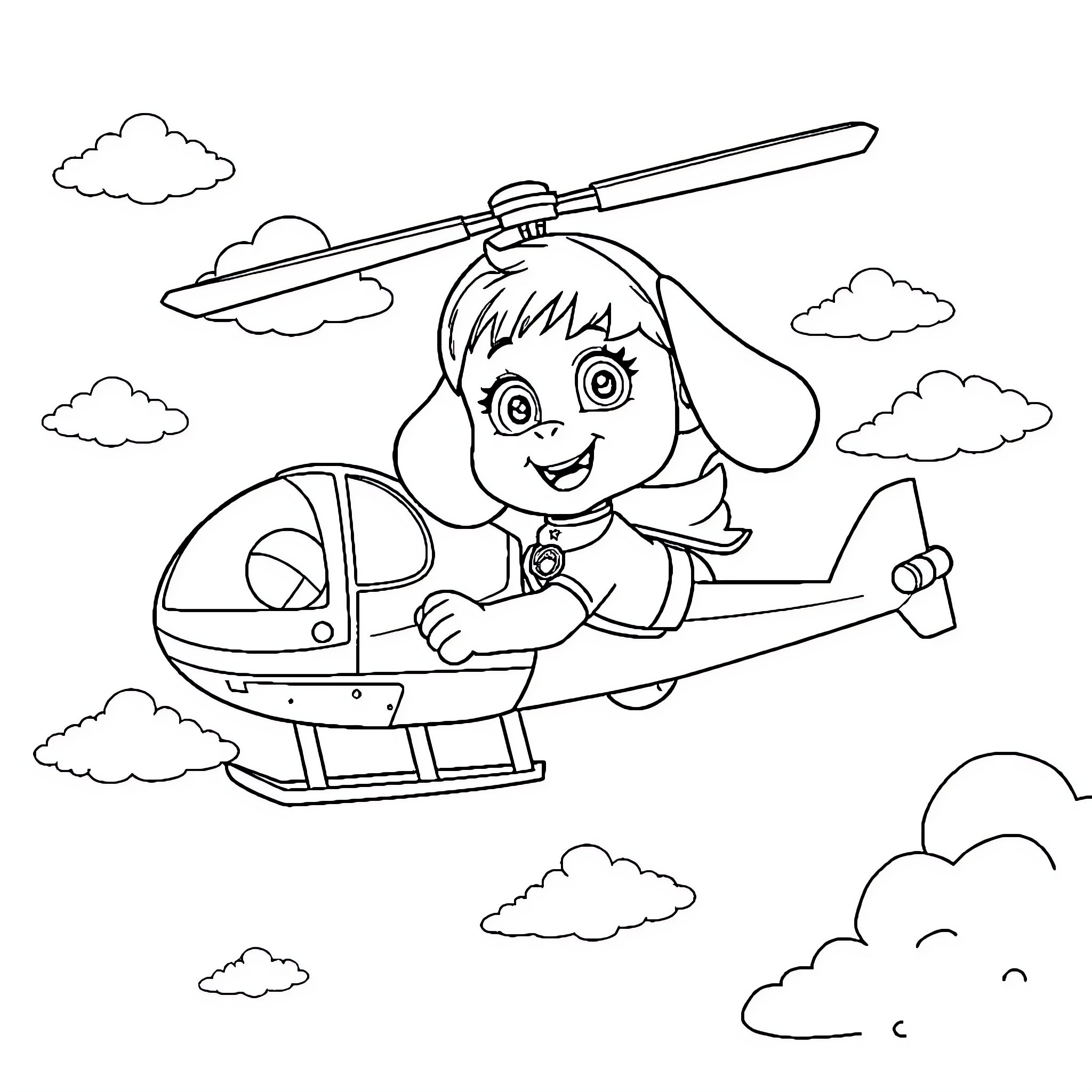 Sky adventure with an eager helicopter pilot Coloring Page (free black-and-white line drawing printable PDF for all, from beginners to advanced learners, including children, teens, adults, and seniors)