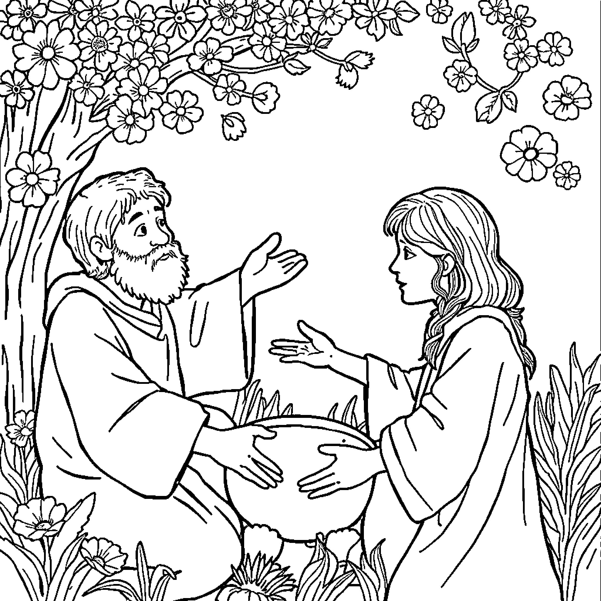 Virtue of compassion and kindness Coloring Page (free black-and-white line drawing printable PDF for all, from beginners to advanced learners, including children, teens, adults, and seniors)