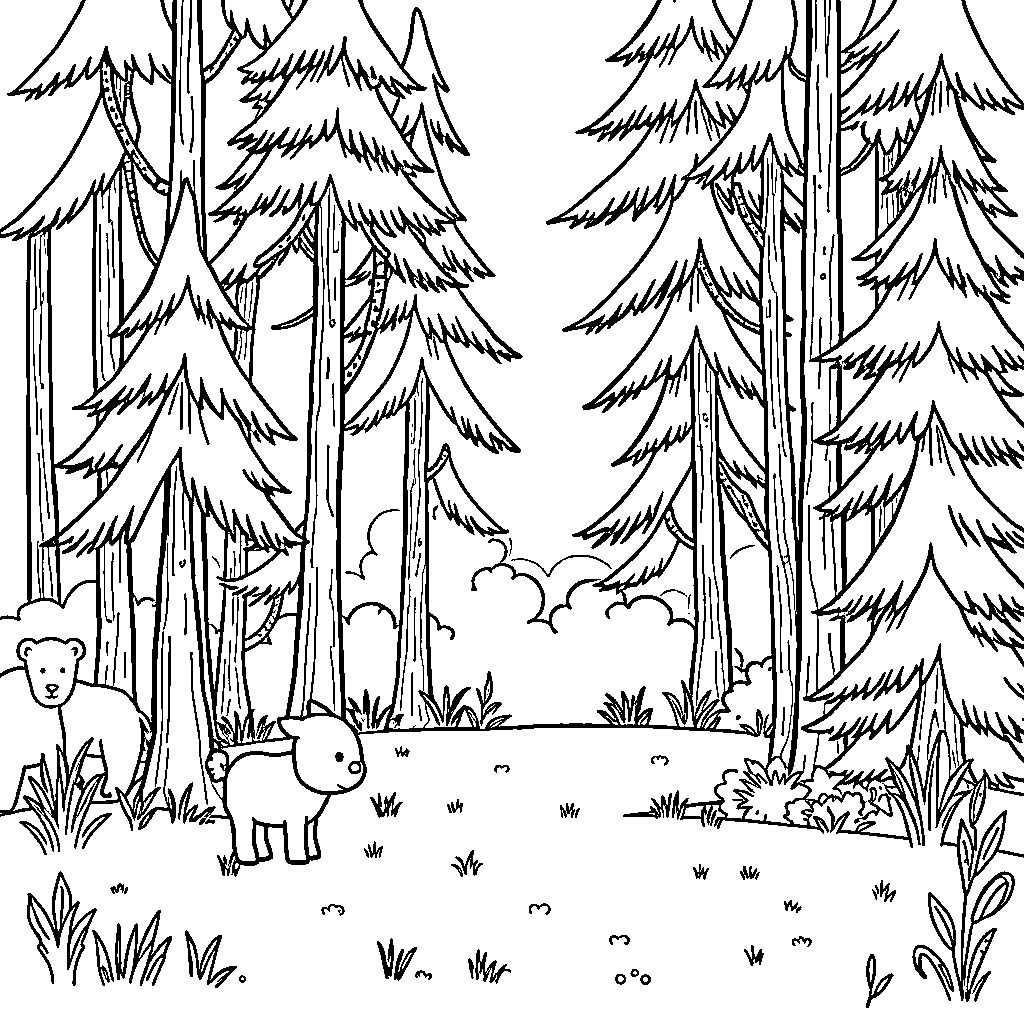 Forest scene with wildlife and nature Coloring Page (free black-and-white line drawing printable PDF for all, from beginners to advanced learners, including children, teens, adults, and seniors)