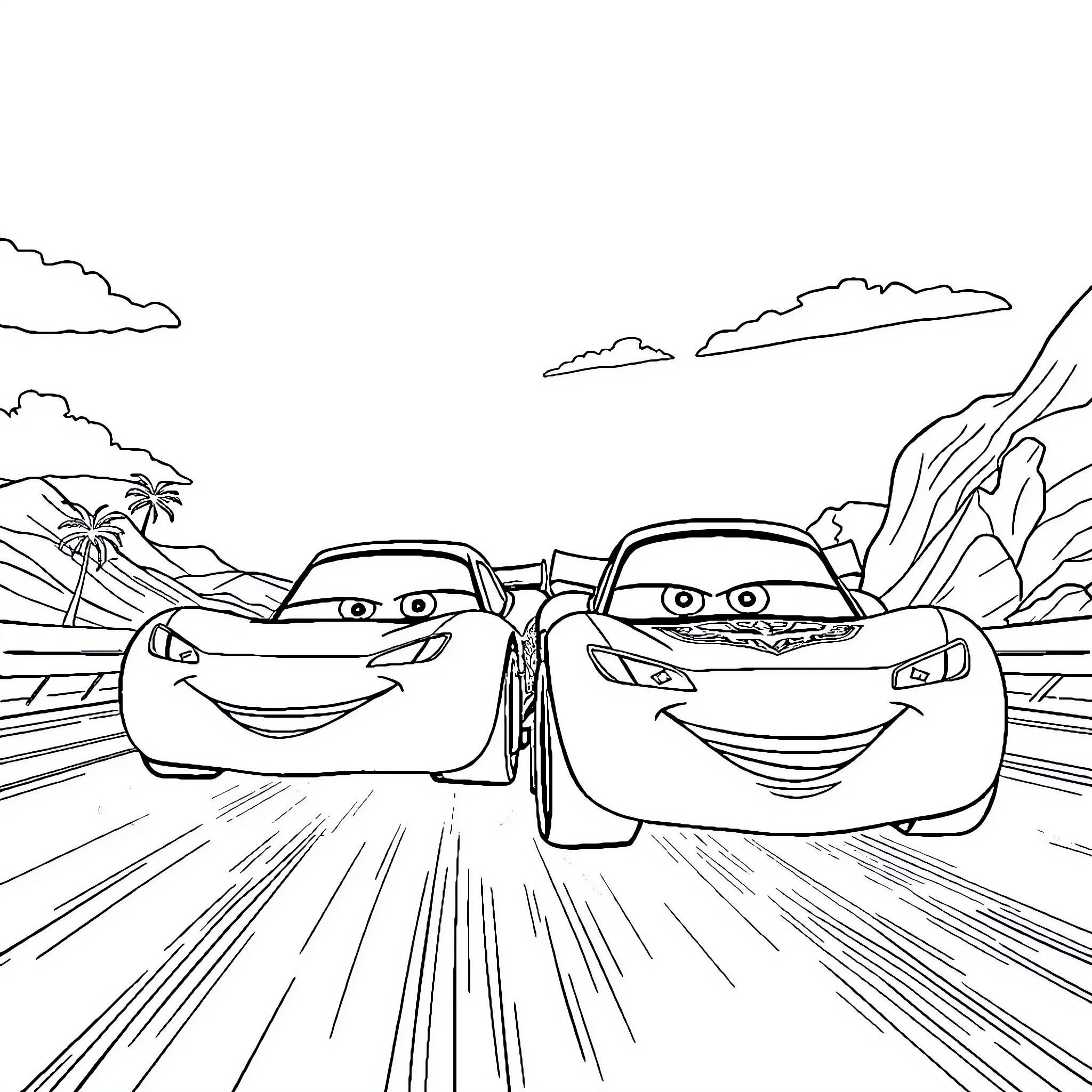 Lightning McQueen racing with a friend on the road Coloring Page (free black-and-white line drawing printable PDF for all, from beginners to advanced learners, including children, teens, adults, and seniors)
