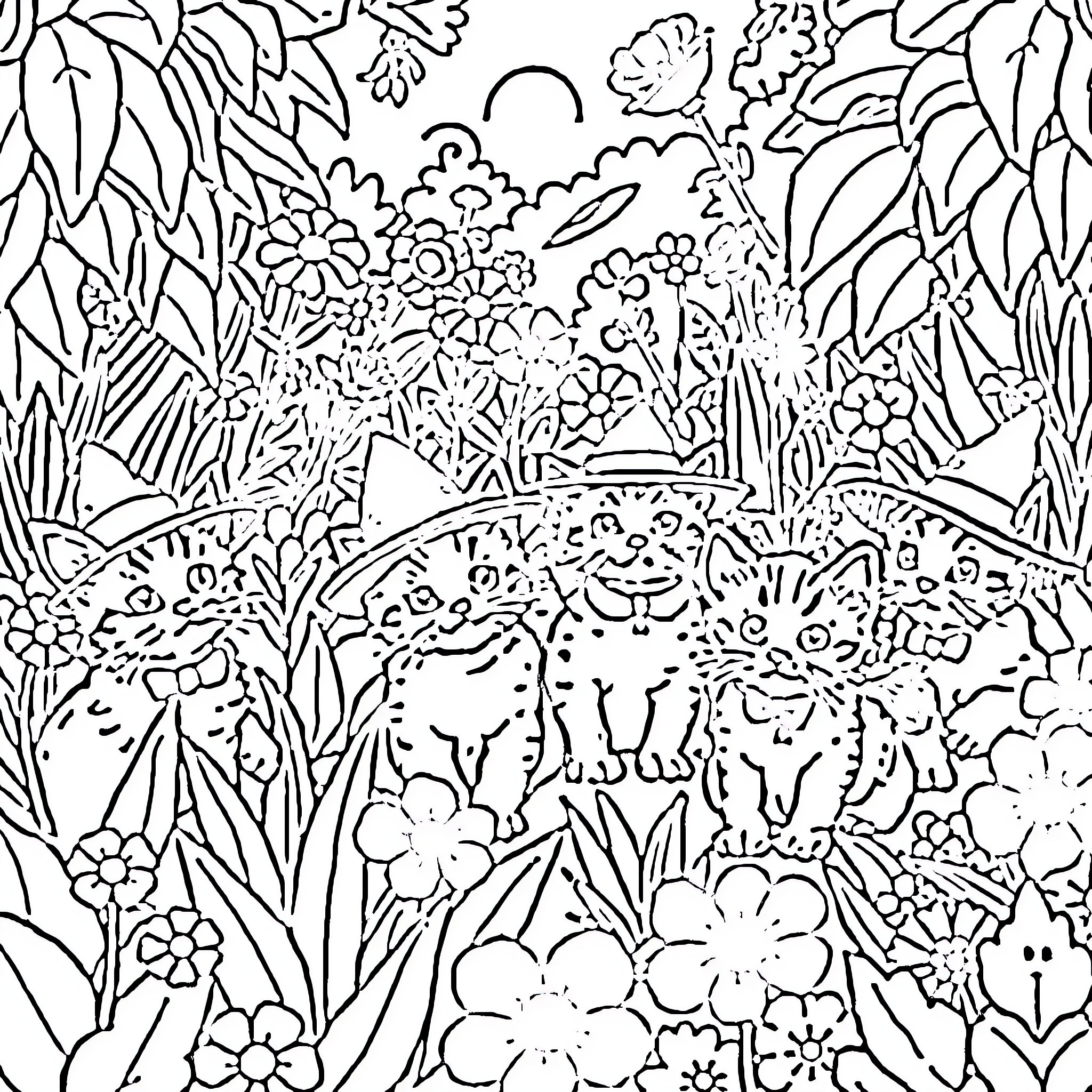 Kittens playing in a floral garden Coloring Page (free black-and-white line drawing printable PDF for all, from beginners to advanced learners, including children, teens, adults, and seniors)