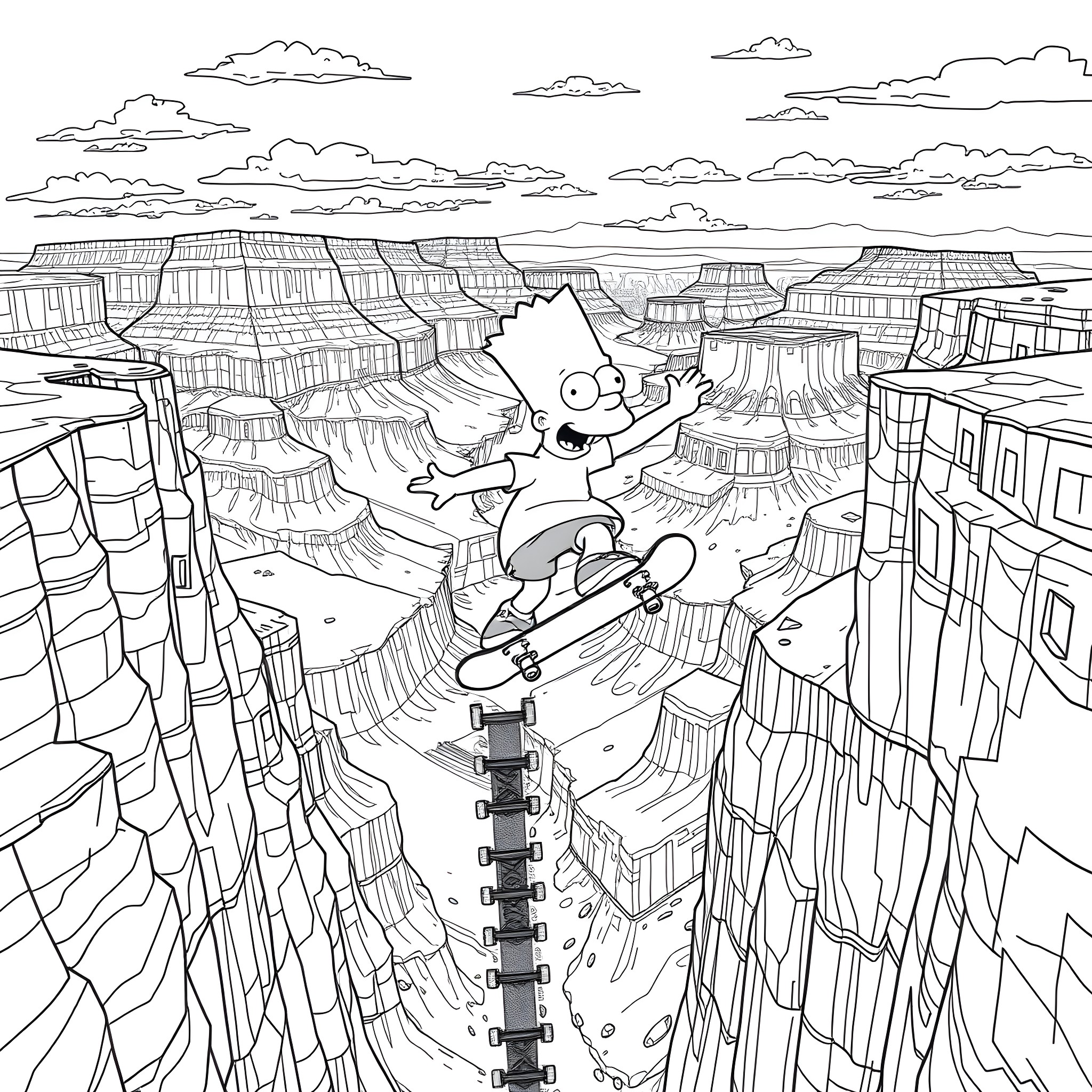 Bart Simpson skateboarding through a surreal rocky canyon Coloring Page (free black-and-white line drawing printable PDF for all, from beginners to advanced learners, including children, teens, adults, and seniors)
