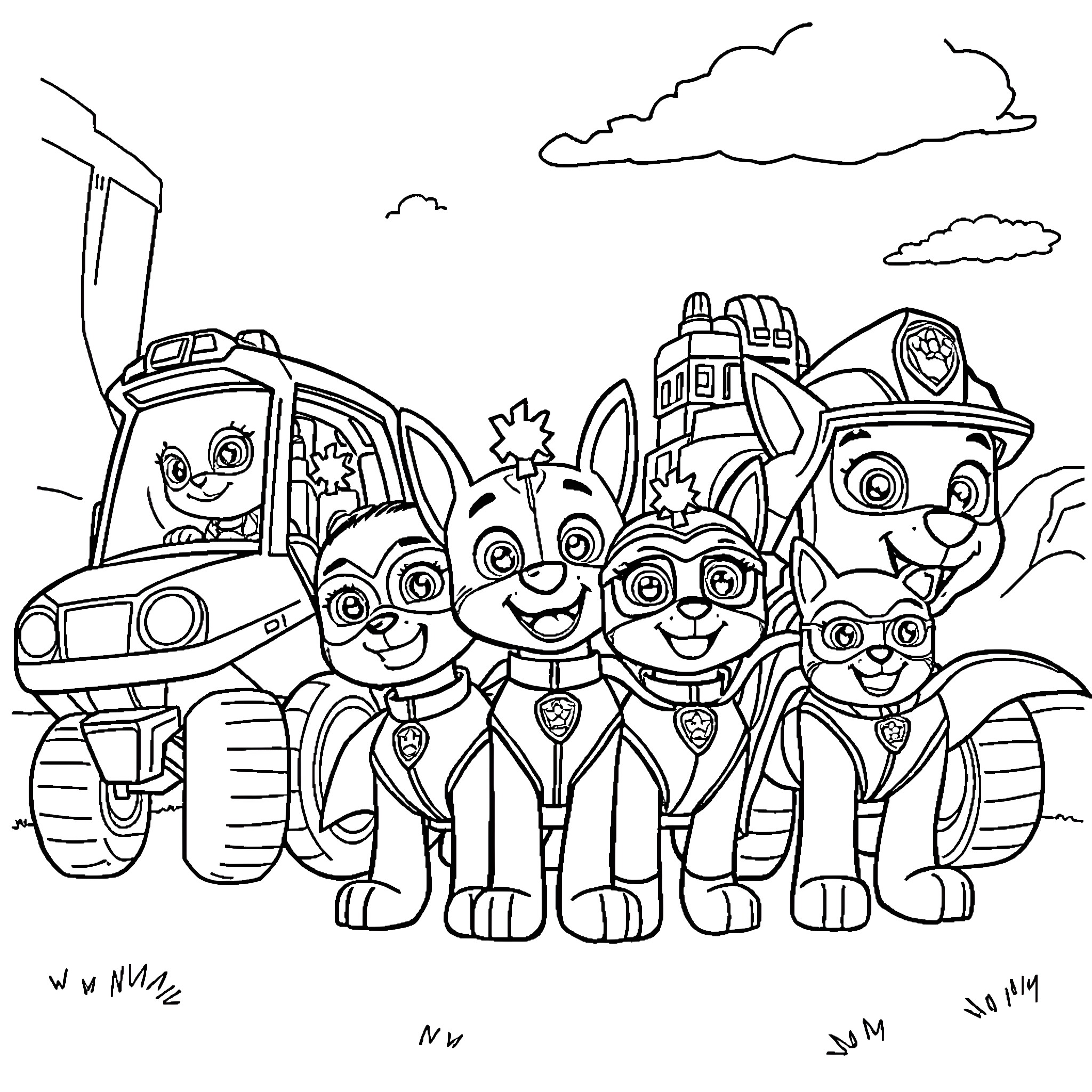 Paw Patrol members on a rescue mission Coloring Page (free black-and-white line drawing printable PDF for all, from beginners to advanced learners, including children, teens, adults, and seniors)