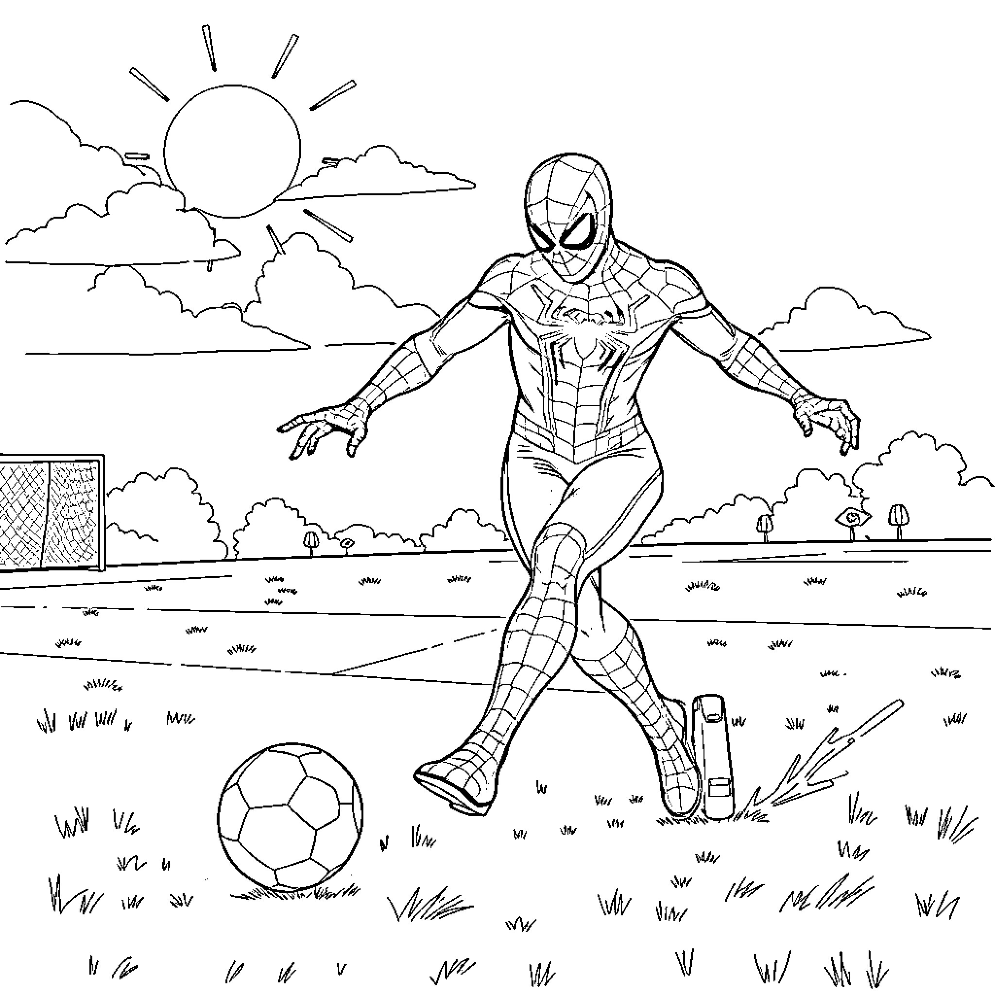 Spiderman kicking soccer ball in sunny outdoor scene Coloring Page (free black-and-white line drawing printable PDF for all, from beginners to advanced learners, including children, teens, adults, and seniors)