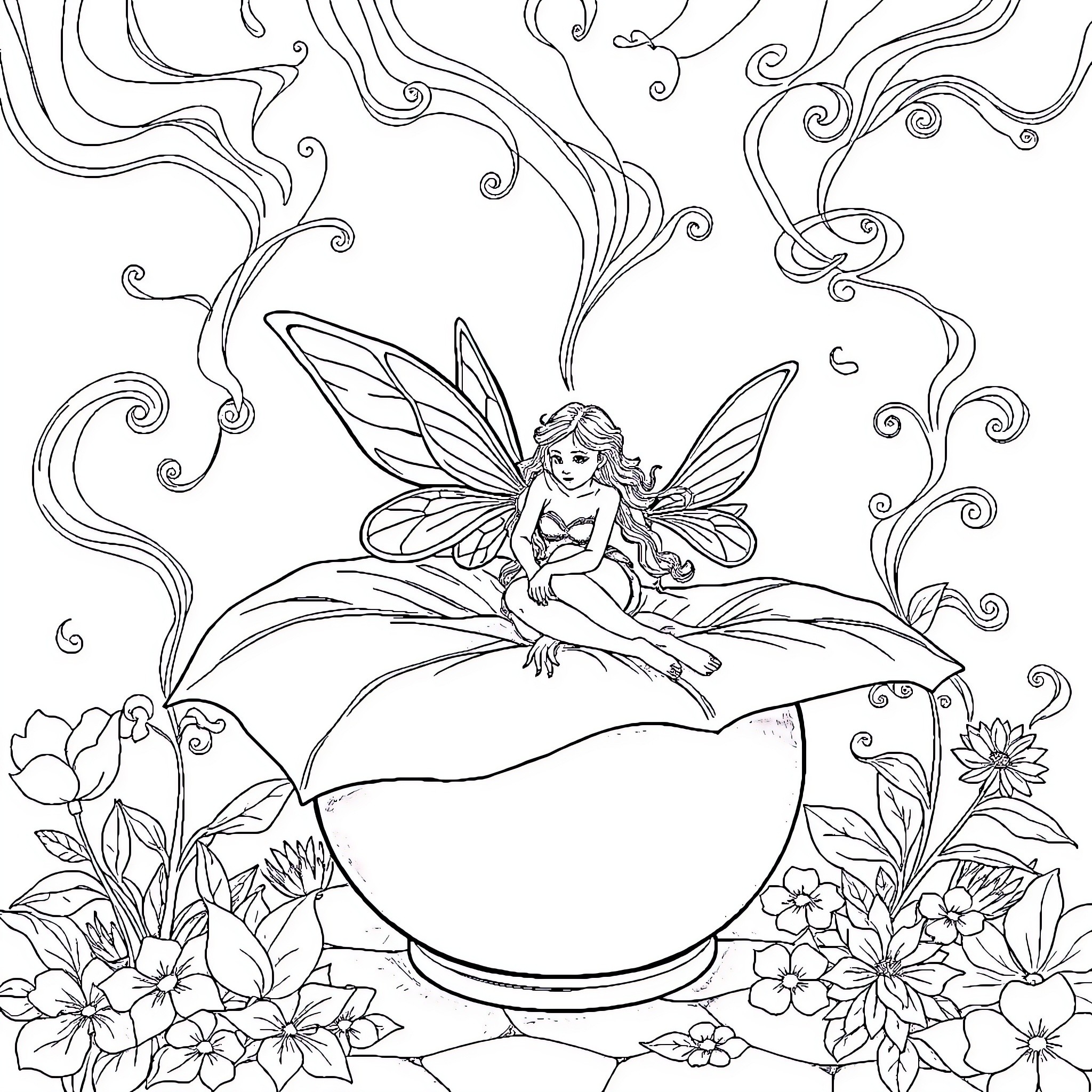 Fairy resting on a flower petal Coloring Page (free black-and-white line drawing printable PDF for all, from beginners to advanced learners, including children, teens, adults, and seniors)