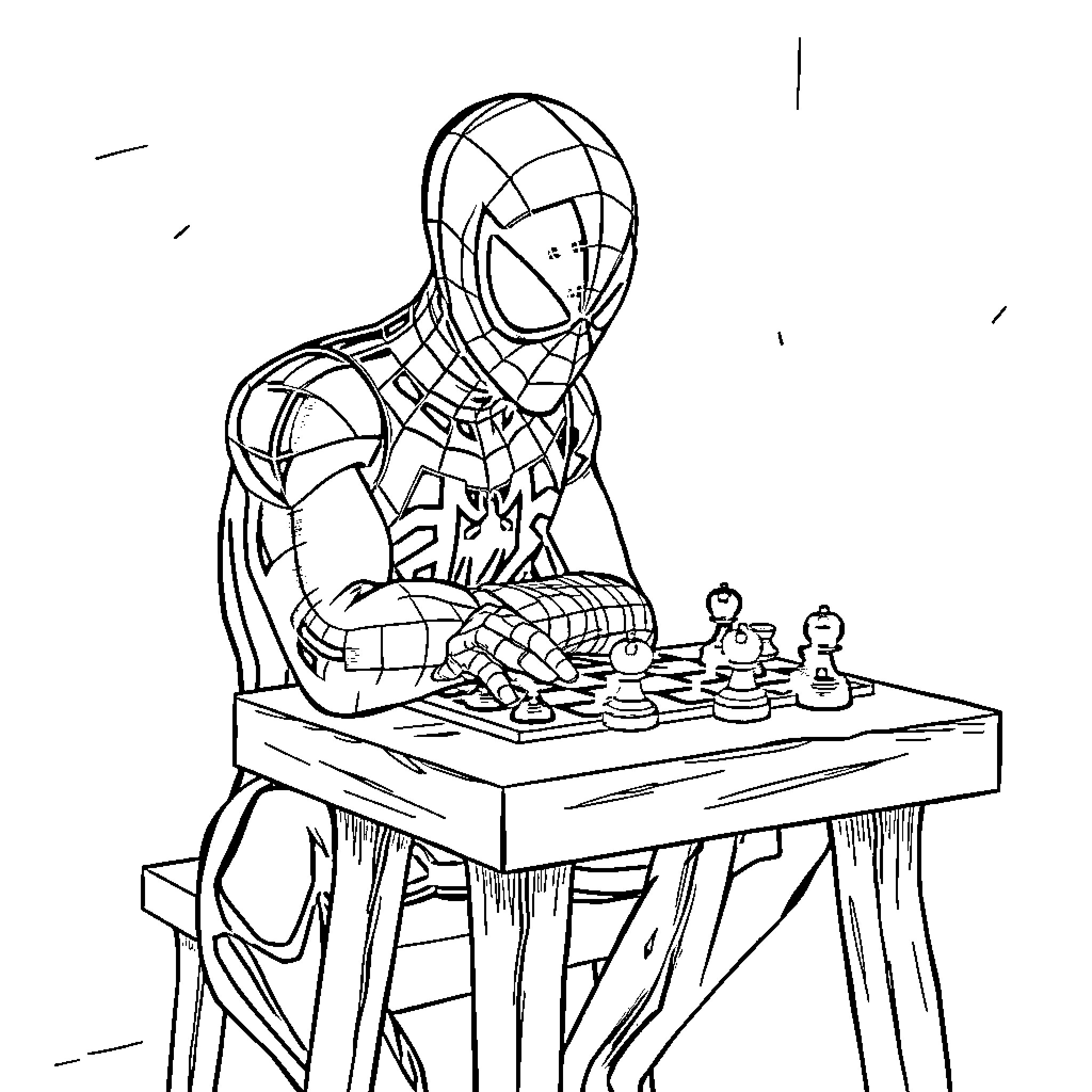 Spiderman playing chess intently Coloring Page (free black-and-white line drawing printable PDF for all, from beginners to advanced learners, including children, teens, adults, and seniors)