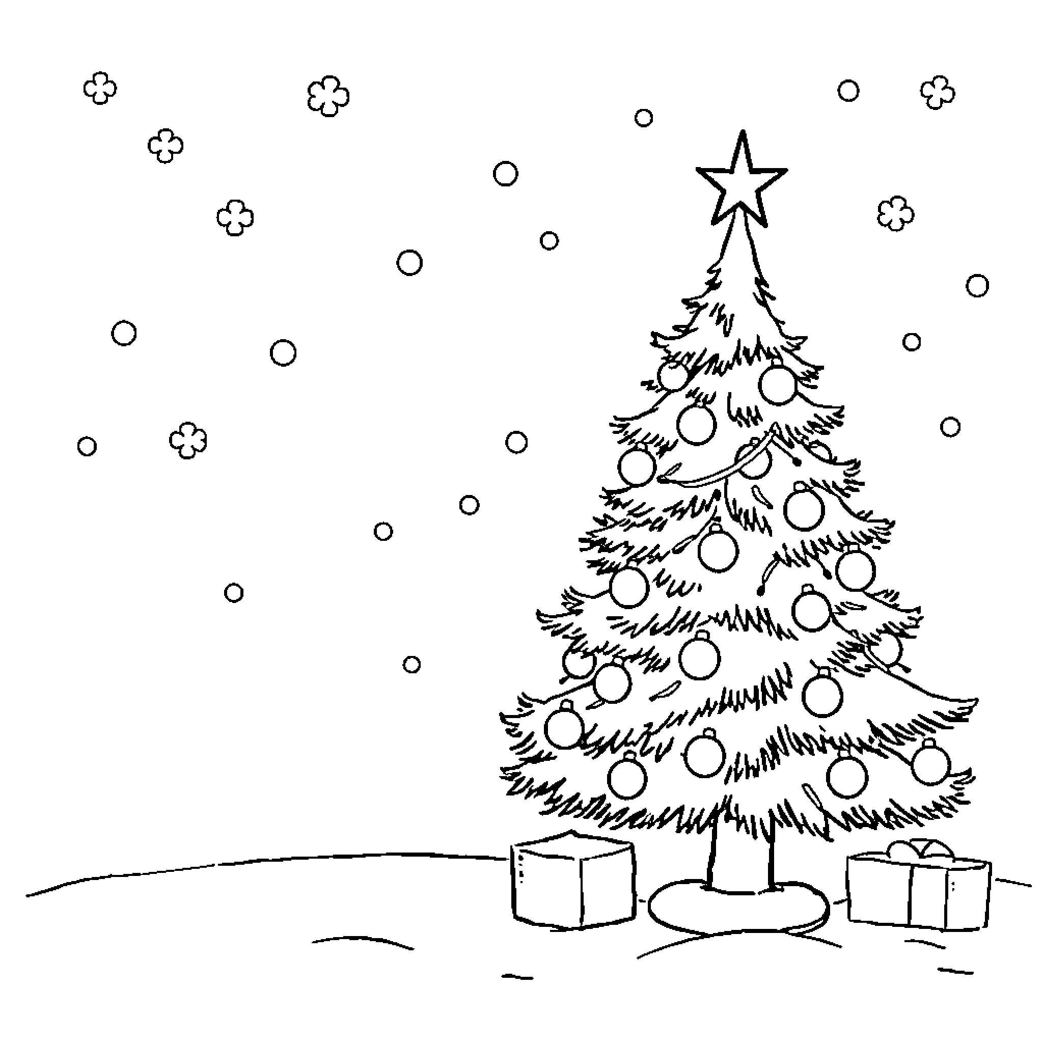 Christmas tree with presents and snowfall Coloring Page (free black-and-white line drawing printable PDF for all, from beginners to advanced learners, including children, teens, adults, and seniors)