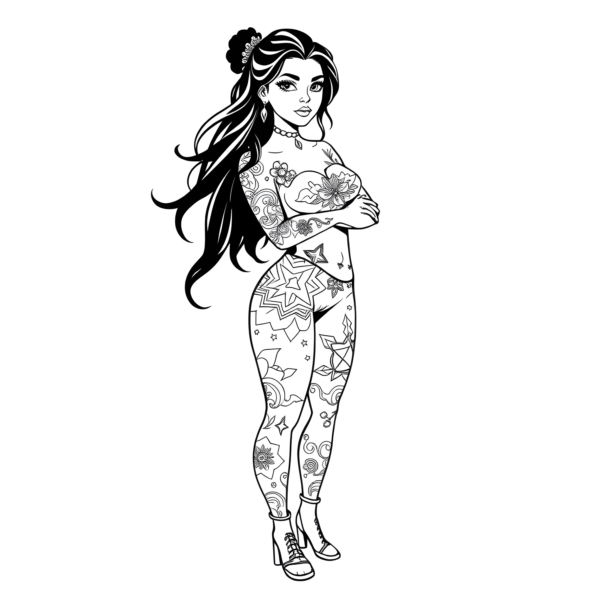 Woman with Intricate Tattoos and Flowing Hair Coloring Page (free black-and-white line drawing printable PDF for all, from beginners to advanced learners, including children, teens, adults, and seniors)