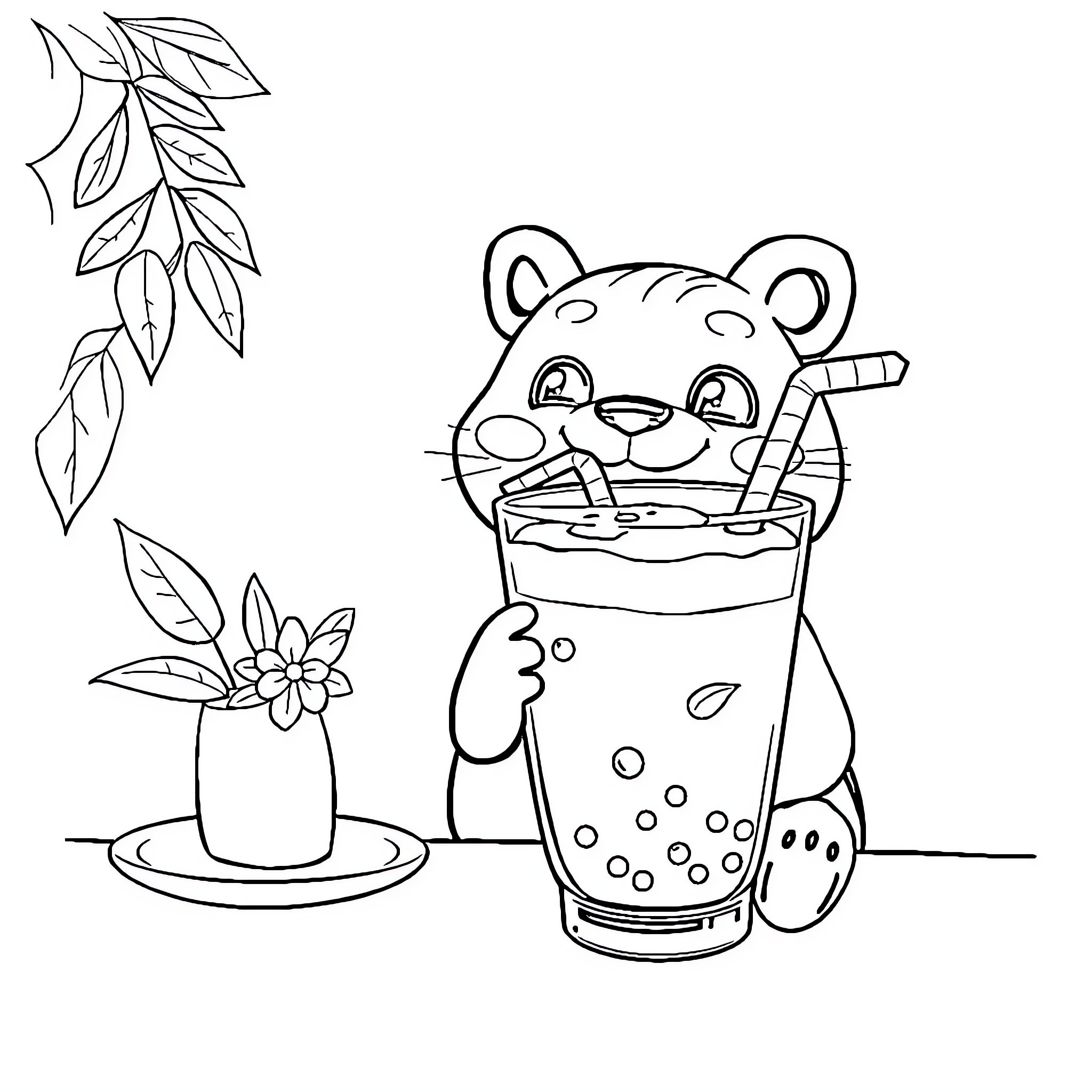 Labubu enjoys a refreshing drink with flowers Coloring Page (free black-and-white line drawing printable PDF for all, from beginners to advanced learners, including children, teens, adults, and seniors)