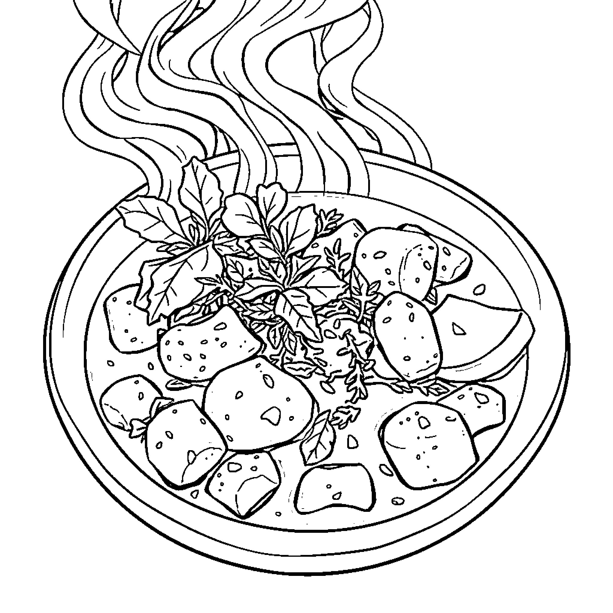 Ghorme Sabzi - Delicious Persian stew in bowl Coloring Page (free black-and-white line drawing printable PDF for all, from beginners to advanced learners, including children, teens, adults, and seniors)