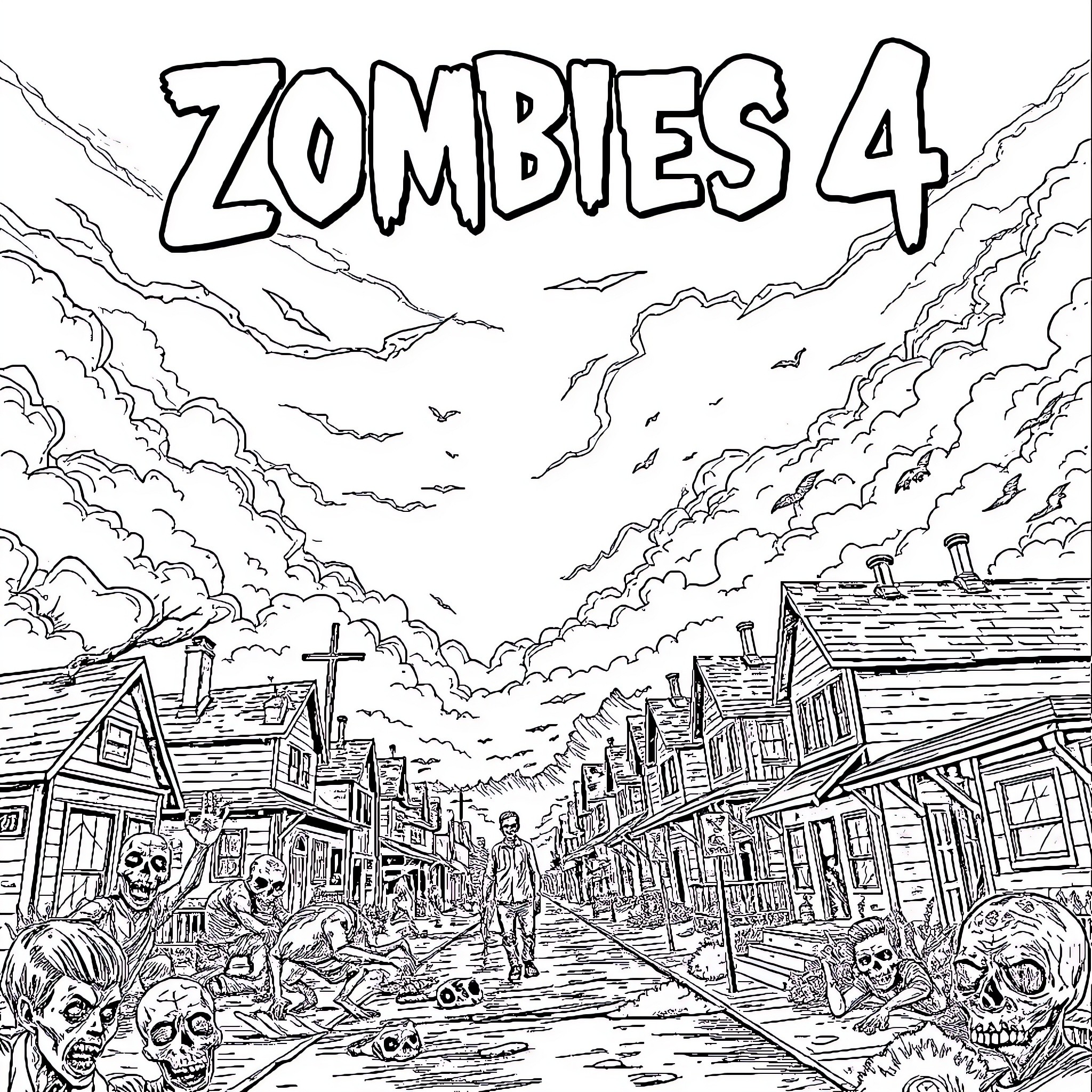 Zombie Apocalypse in the Ruined City Coloring Page (free black-and-white line drawing printable PDF for all, from beginners to advanced learners, including children, teens, adults, and seniors)
