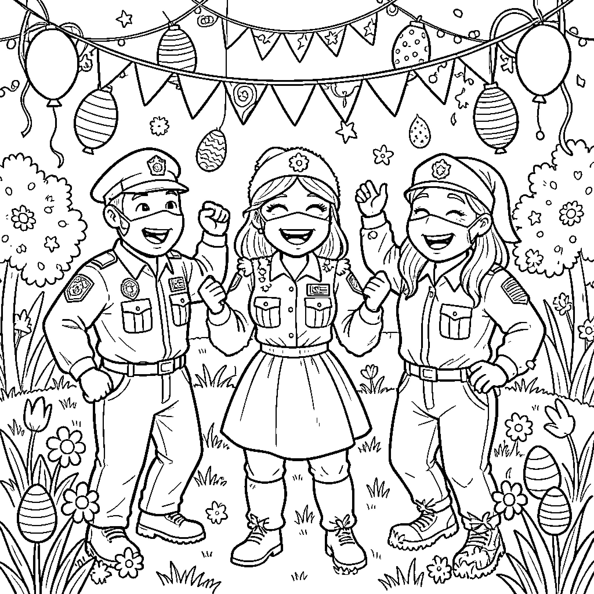 Ice Agent Celebrating Festive Party with Colleagues Coloring Page (free black-and-white line drawing printable PDF for all, from beginners to advanced learners, including children, teens, adults, and seniors)
