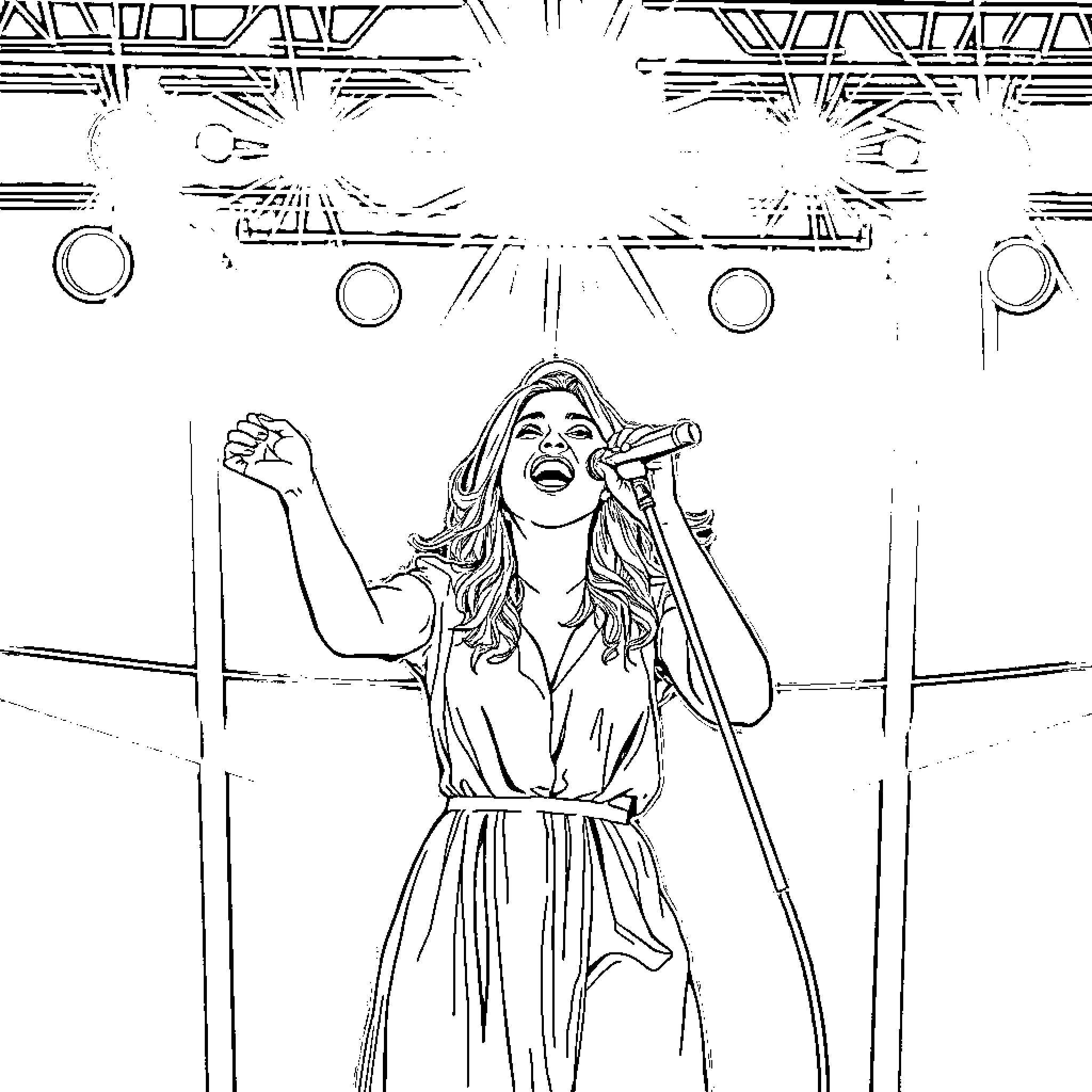 Zara Larsson performing on stage energetically Coloring Page (free black-and-white line drawing printable PDF for all, from beginners to advanced learners, including children, teens, adults, and seniors)