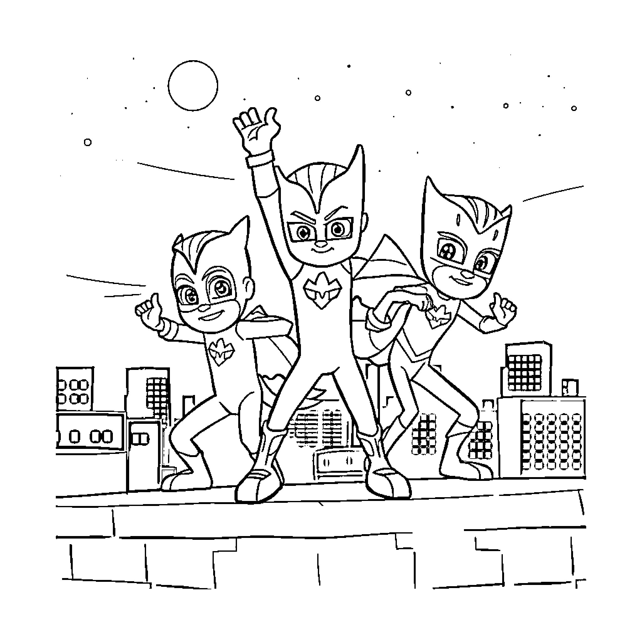 PJ Masks heroes in action pose Coloring Page (free black-and-white line drawing printable PDF for all, from beginners to advanced learners, including children, teens, adults, and seniors)