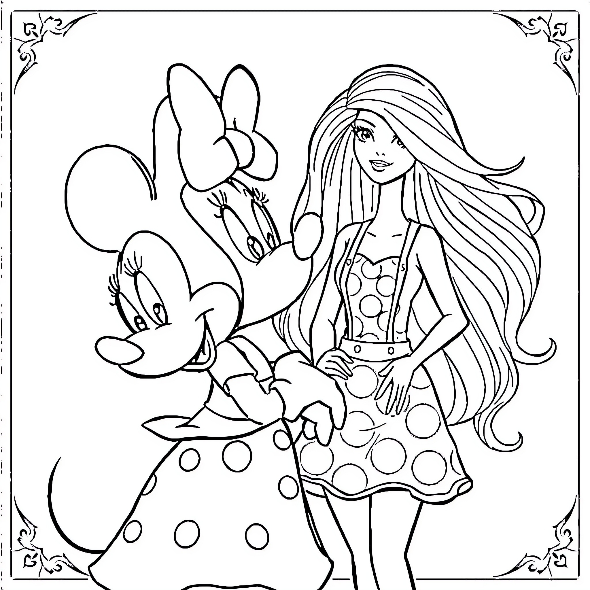 Minnie Mouse and girl in polka dot dress Coloring Page (free black-and-white line drawing printable PDF for all, from beginners to advanced learners, including children, teens, adults, and seniors)