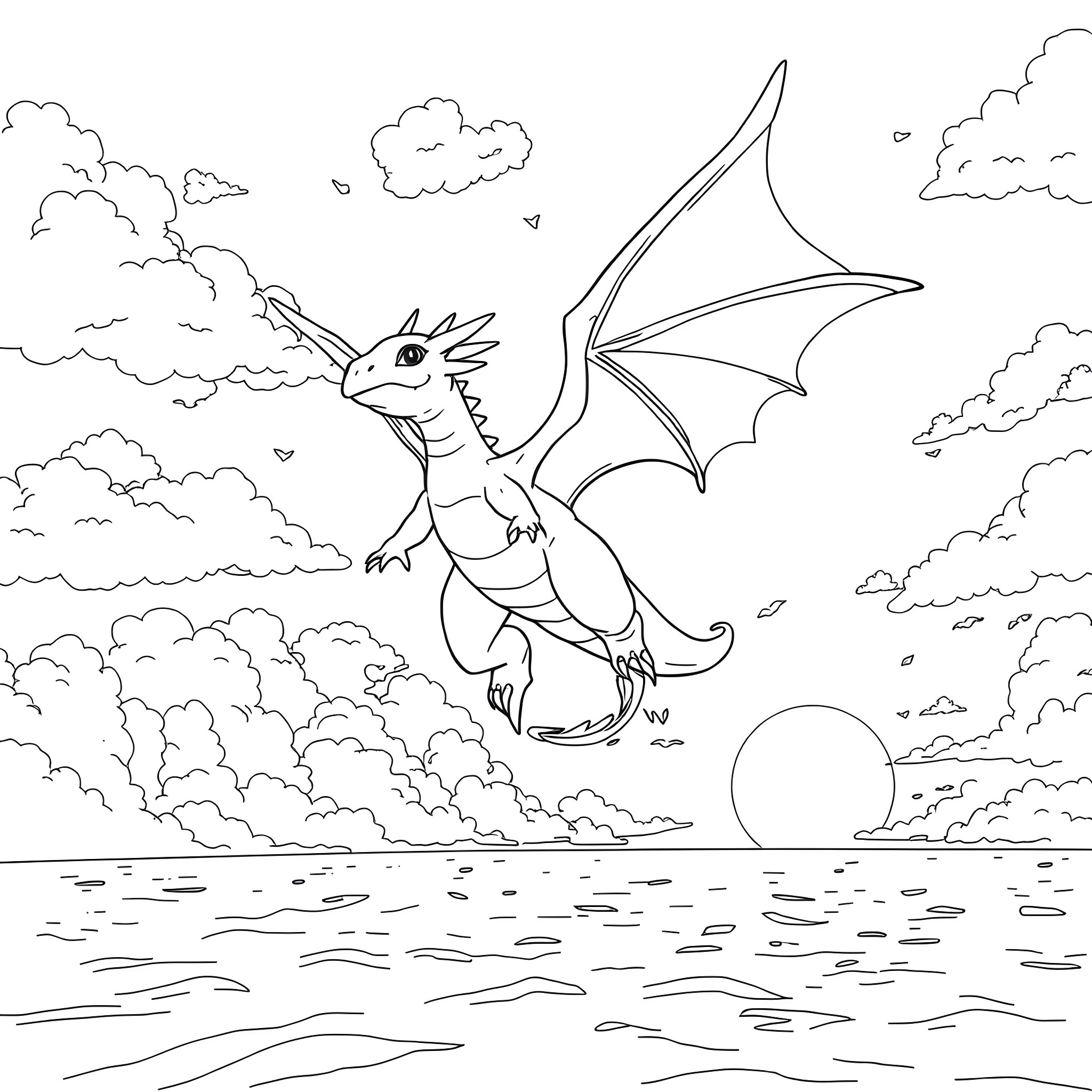 Dragonite soaring through the clouds Coloring Page (free black-and-white line drawing printable PDF for all, from beginners to advanced learners, including children, teens, adults, and seniors)