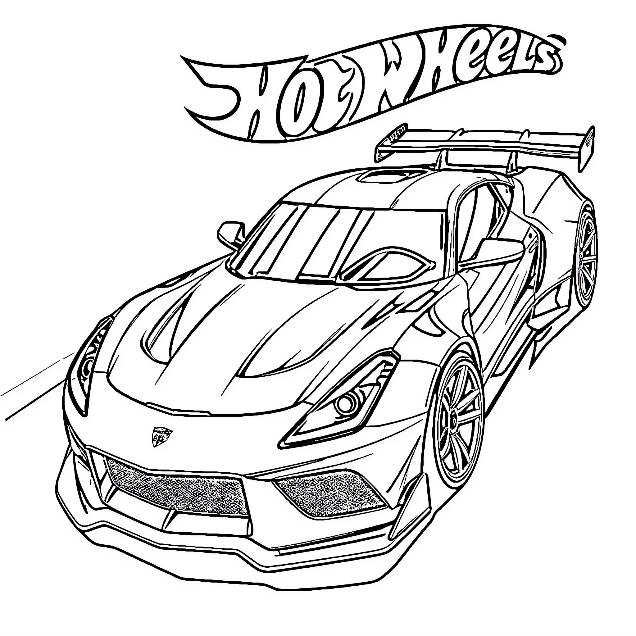 Car with Hot Wheels branding and racing design Coloring Page (free black-and-white line drawing printable PDF for all, from beginners to advanced learners, including children, teens, adults, and seniors)