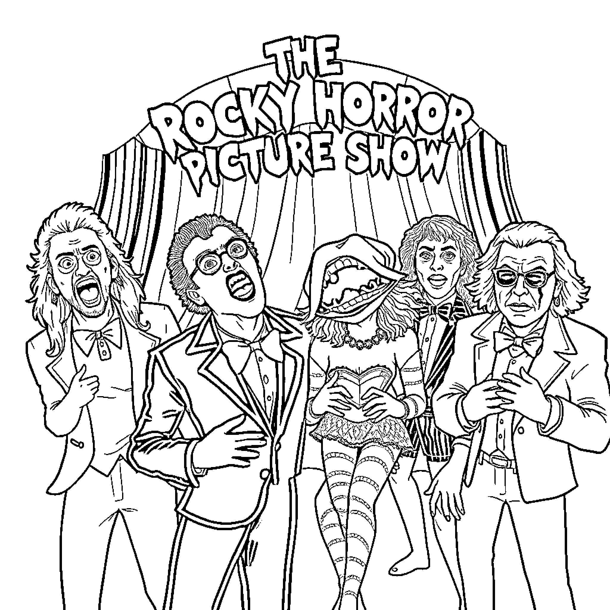 Rocky Horror Picture Show Characters in Flamboyant Outfits Coloring Page (free black-and-white line drawing printable PDF for all, from beginners to advanced learners, including children, teens, adults, and seniors)