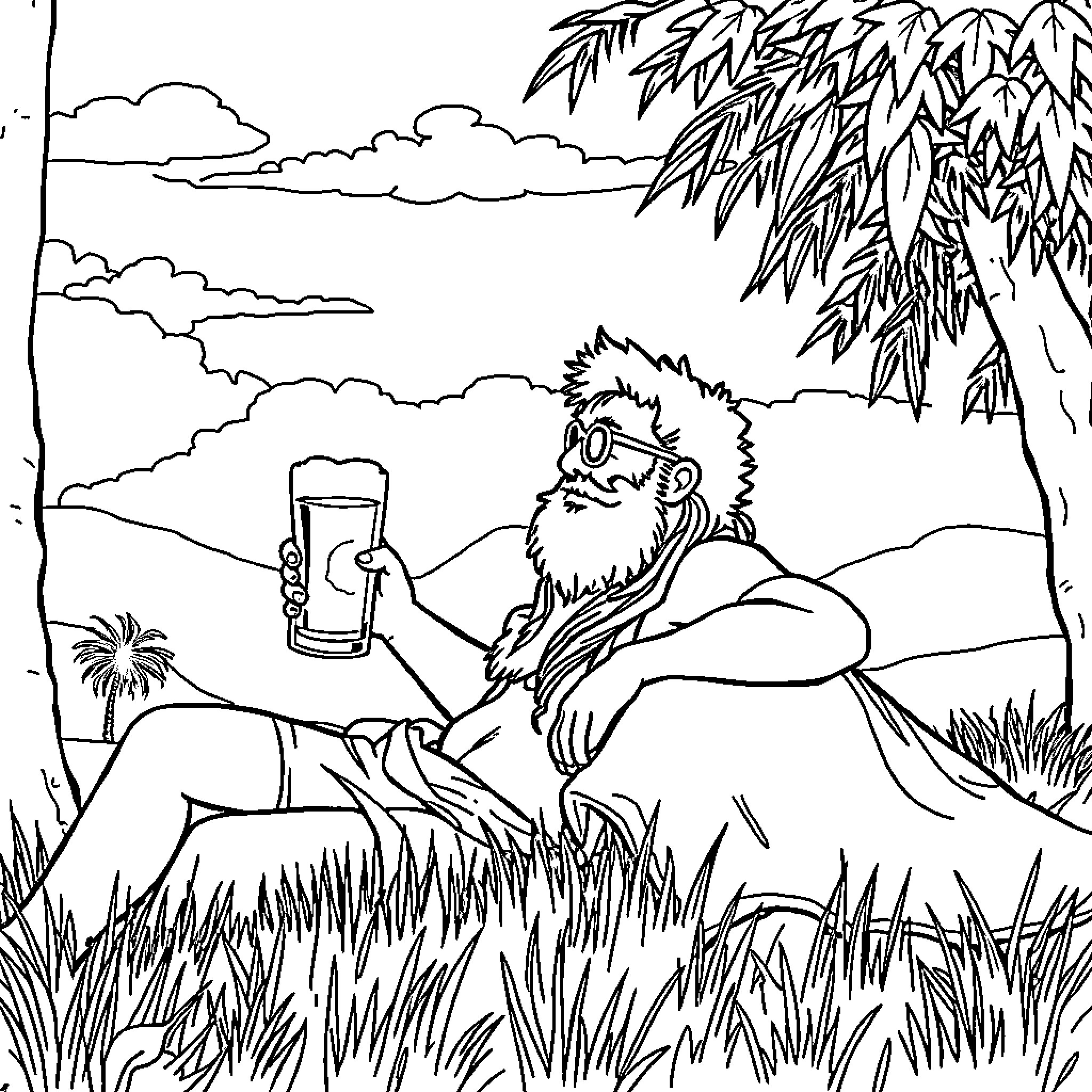 Great Dane enjoying a refreshing drink in the tropical landscape Coloring Page (free black-and-white line drawing printable PDF for all, from beginners to advanced learners, including children, teens, adults, and seniors)