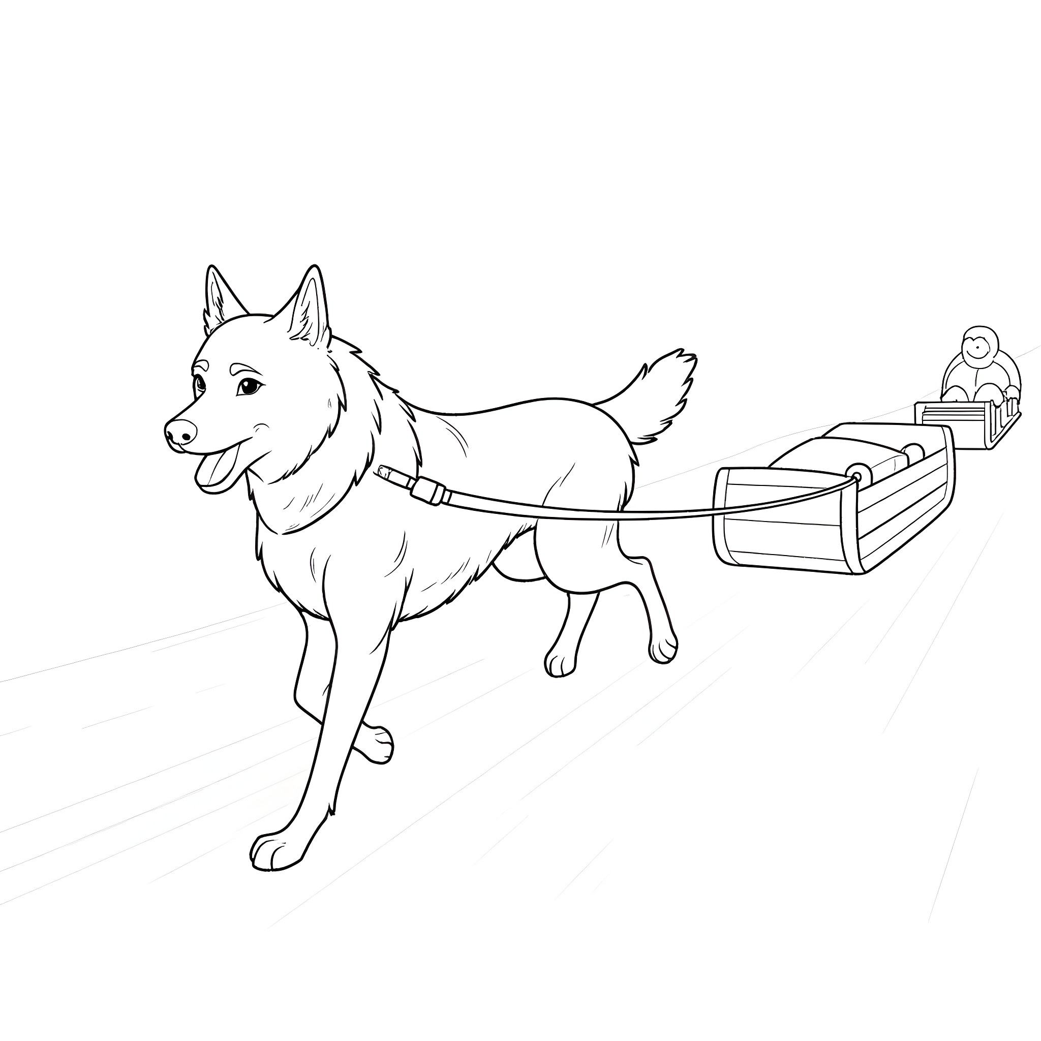 Sled Dog Pulling Sled Through Snow Coloring Page (free black-and-white line drawing printable PDF for all, from beginners to advanced learners, including children, teens, adults, and seniors)