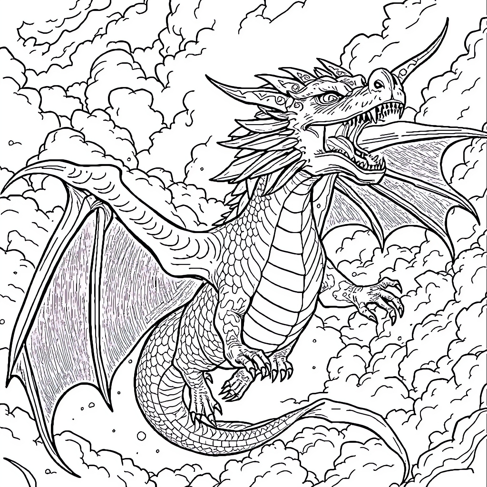 Dragon soaring through stormy skies Coloring Page (free black-and-white line drawing printable PDF for all, from beginners to advanced learners, including children, teens, adults, and seniors)