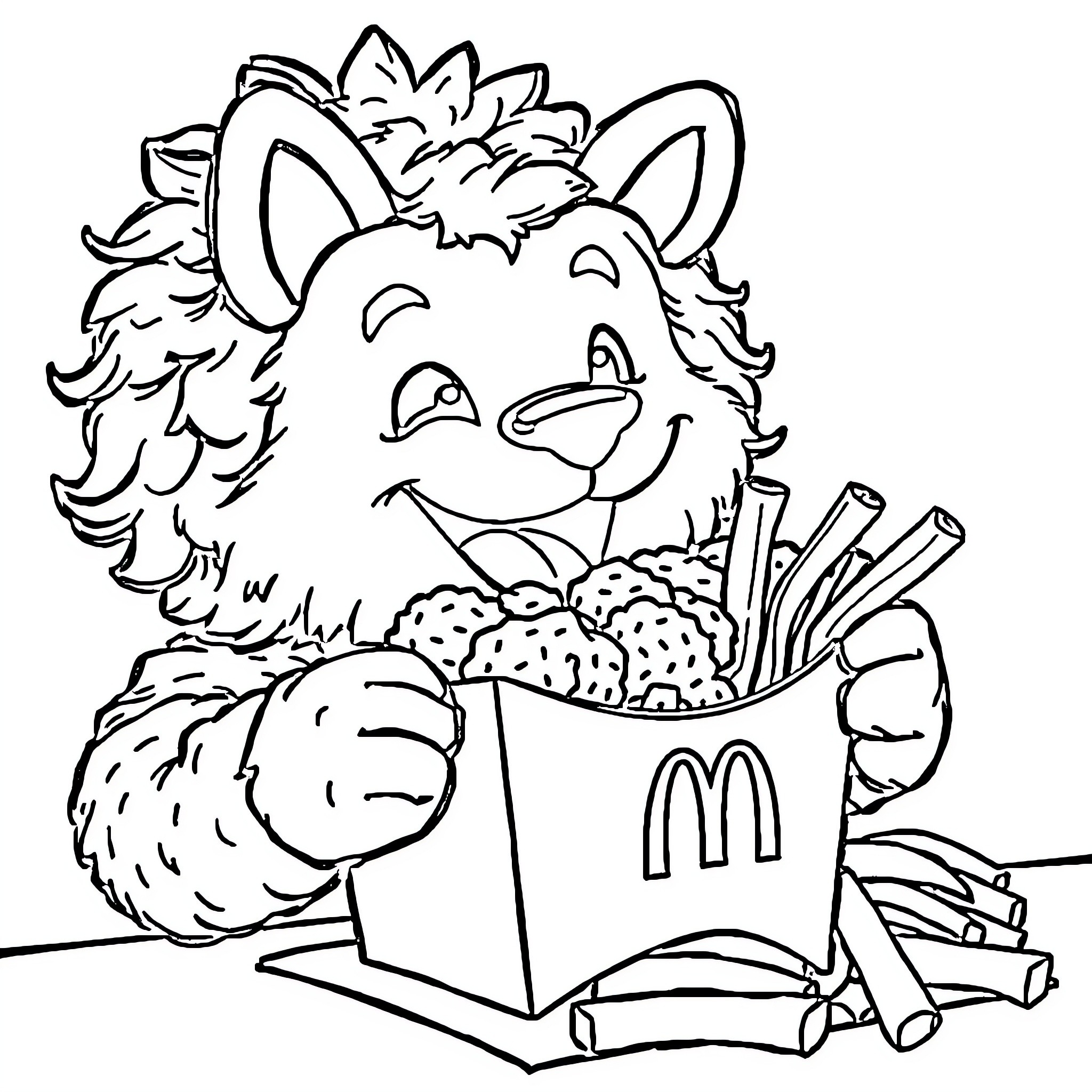 Labubu enjoys a tasty meal from McDonald's Coloring Page (free black-and-white line drawing printable PDF for all, from beginners to advanced learners, including children, teens, adults, and seniors)