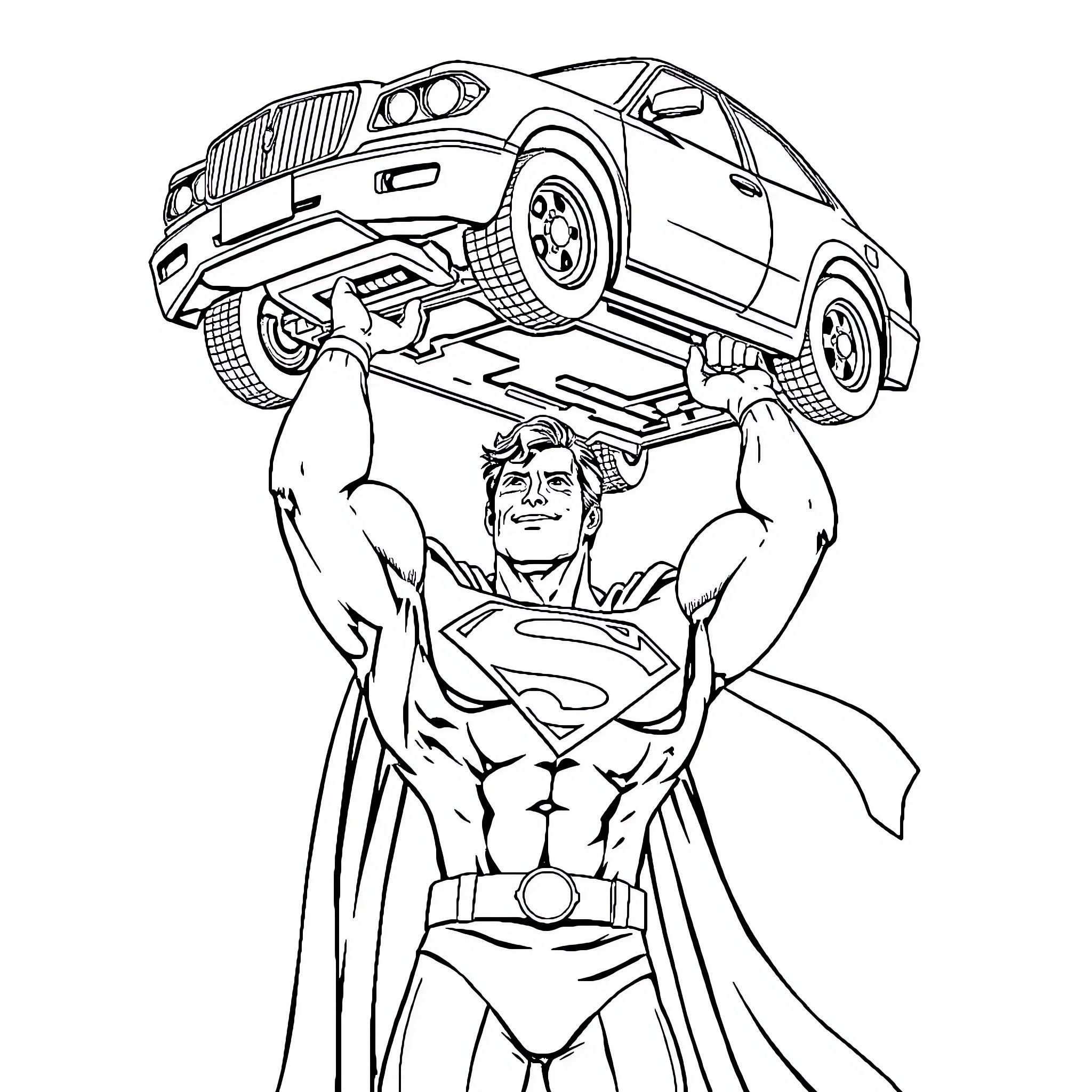 Superman lifting a car with his superhuman strength Coloring Page (free black-and-white line drawing printable PDF for all, from beginners to advanced learners, including children, teens, adults, and seniors)