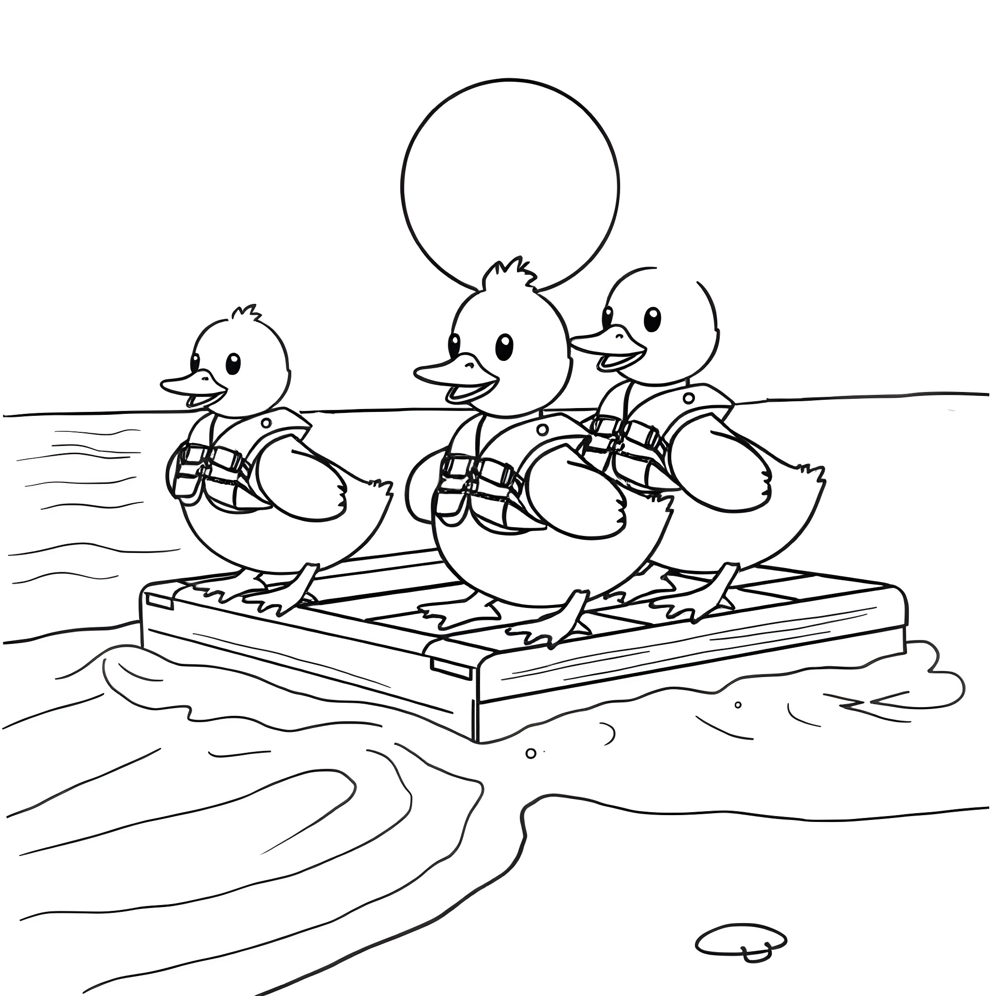 Duck trio enjoying a boat ride Coloring Page (free black-and-white line drawing printable PDF for all, from beginners to advanced learners, including children, teens, adults, and seniors)