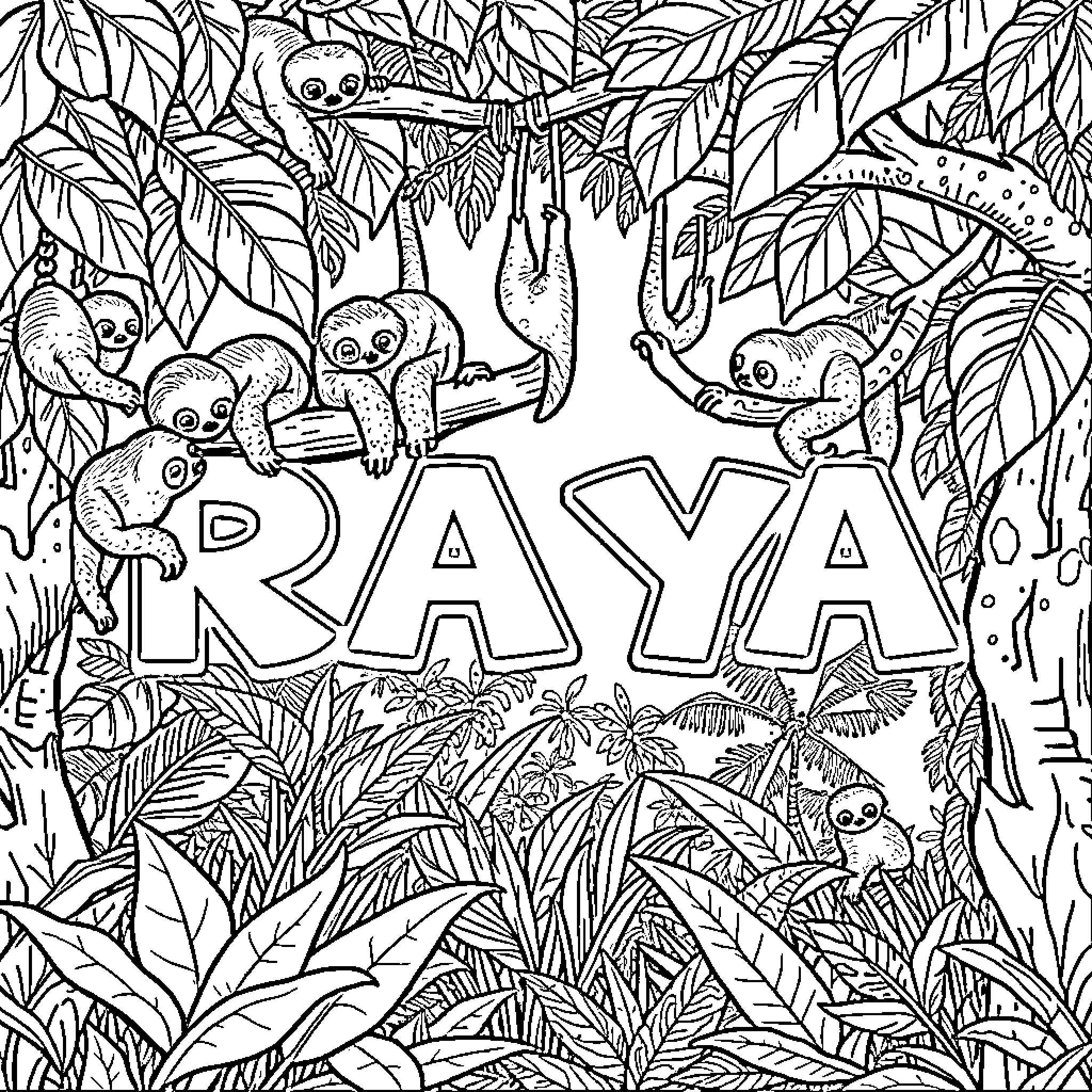 Raya and the Cute Creatures in the Lush Jungle Coloring Page (free black-and-white line drawing printable PDF for all, from beginners to advanced learners, including children, teens, adults, and seniors)