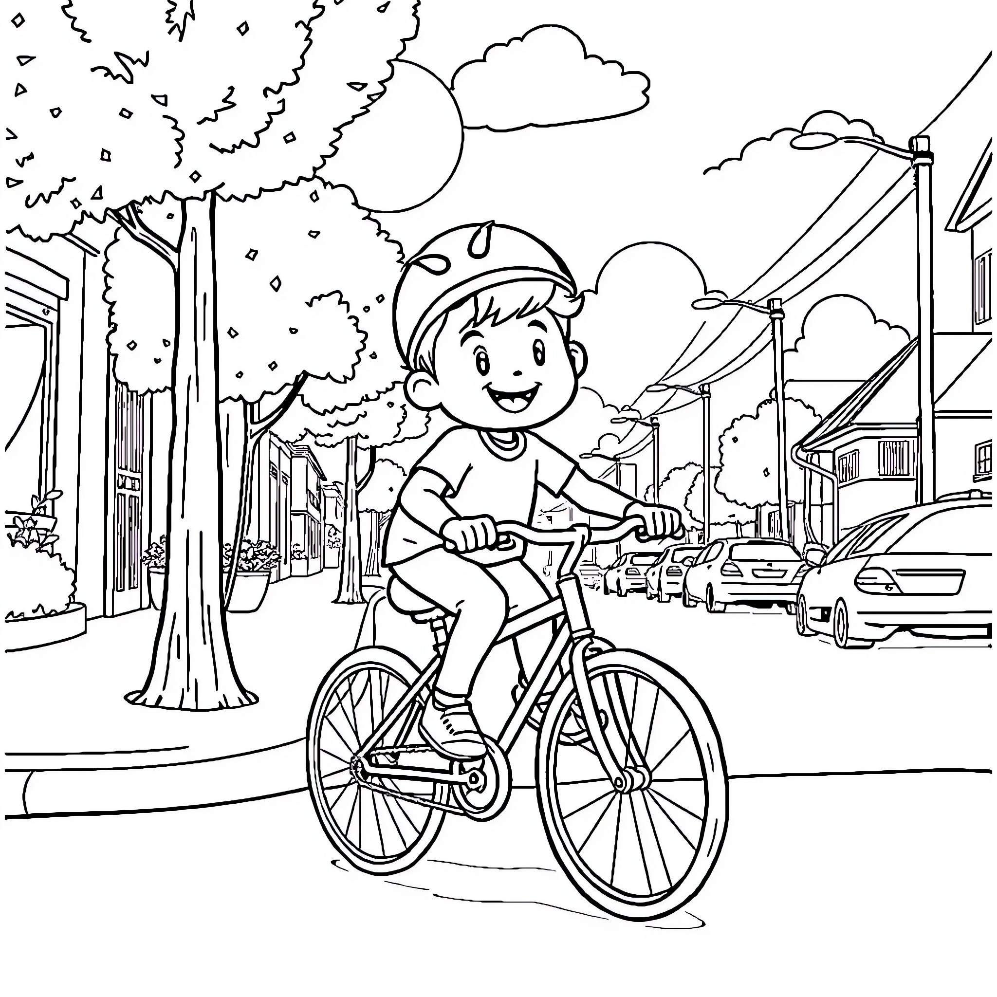 Bicycle riding in a city landscape Coloring Page (free black-and-white line drawing printable PDF for all, from beginners to advanced learners, including children, teens, adults, and seniors)