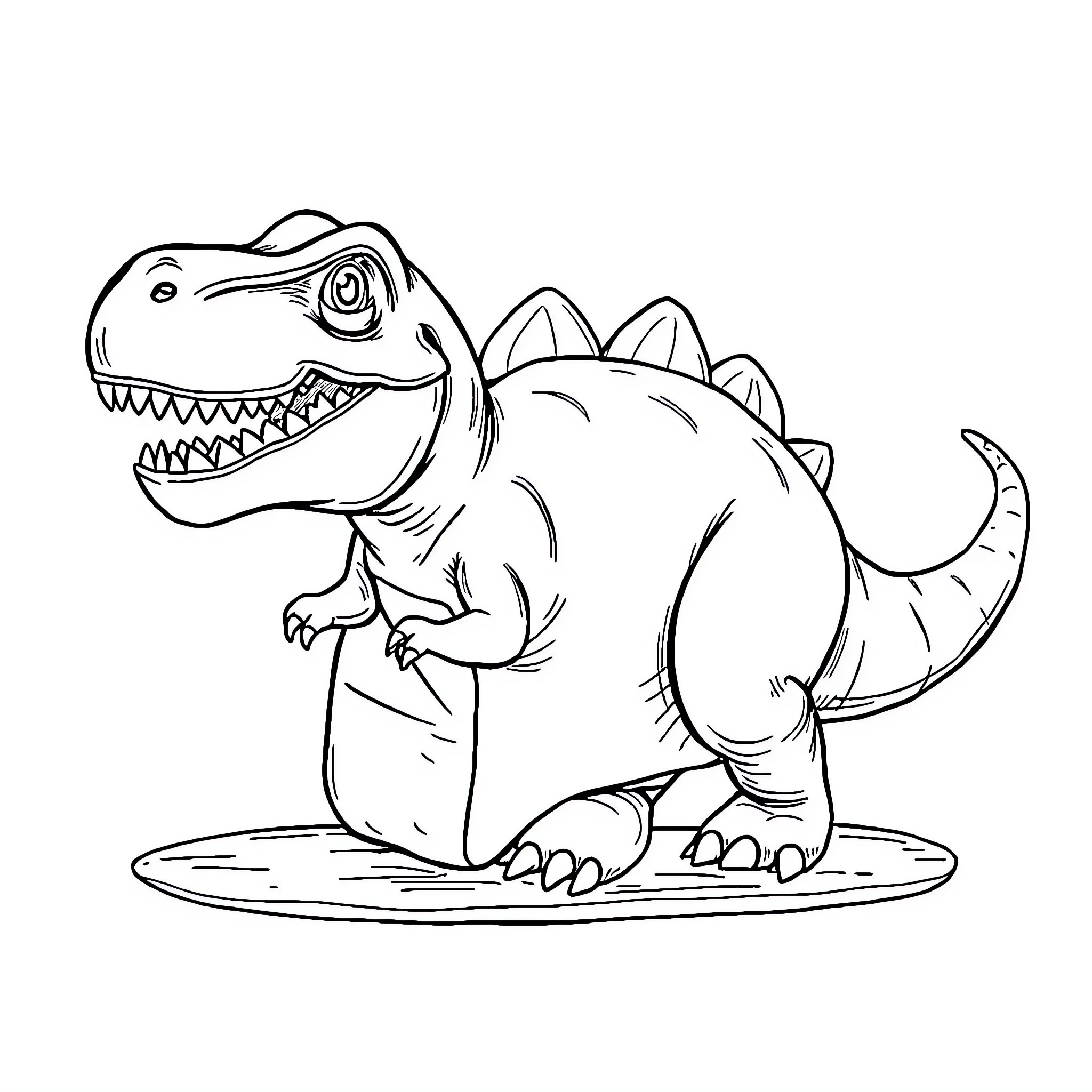 T-Rex Stomping Happily on the Ground Coloring Page (free black-and-white line drawing printable PDF for all, from beginners to advanced learners, including children, teens, adults, and seniors)