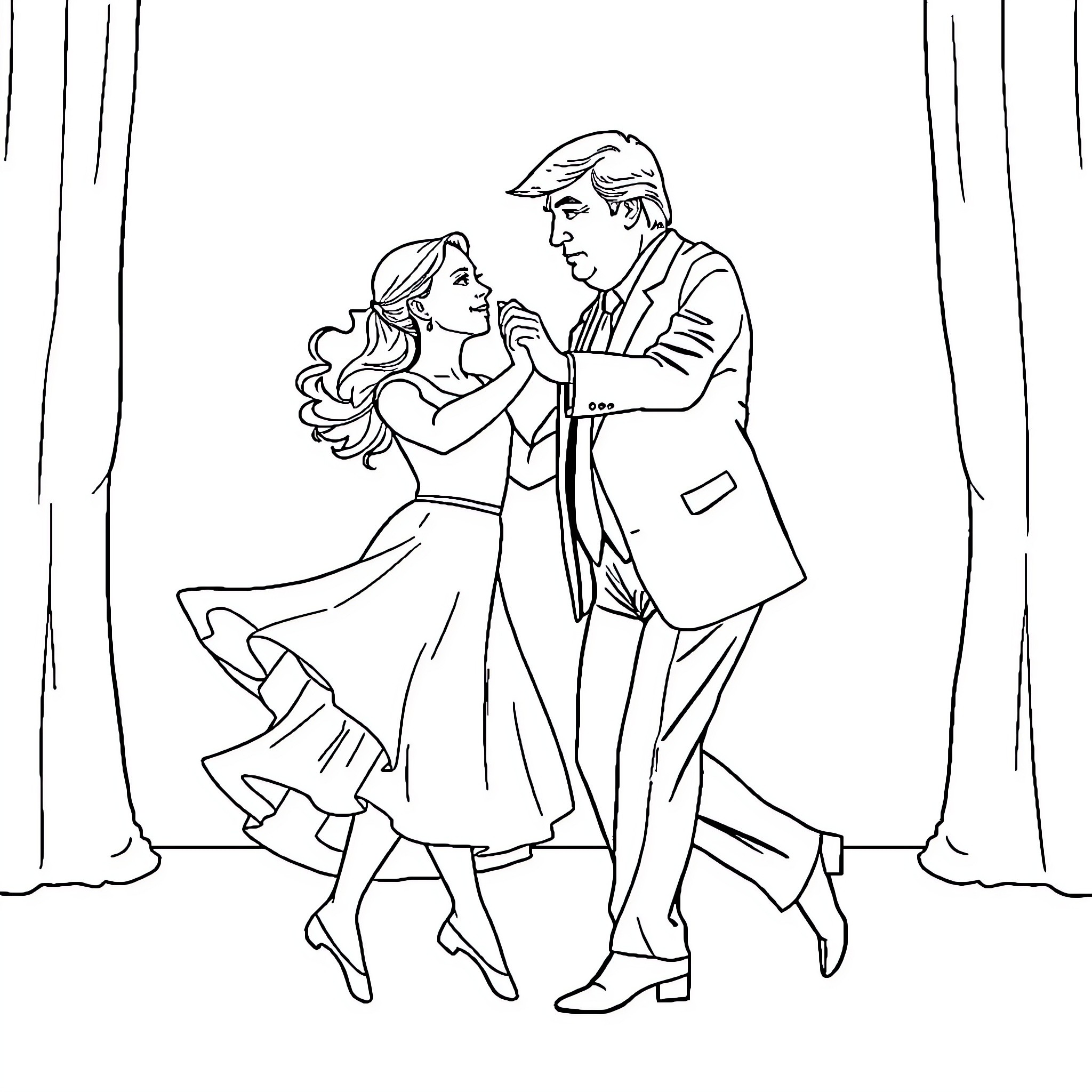 Putin and companion dancing on stage Coloring Page (free black-and-white line drawing printable PDF for all, from beginners to advanced learners, including children, teens, adults, and seniors)