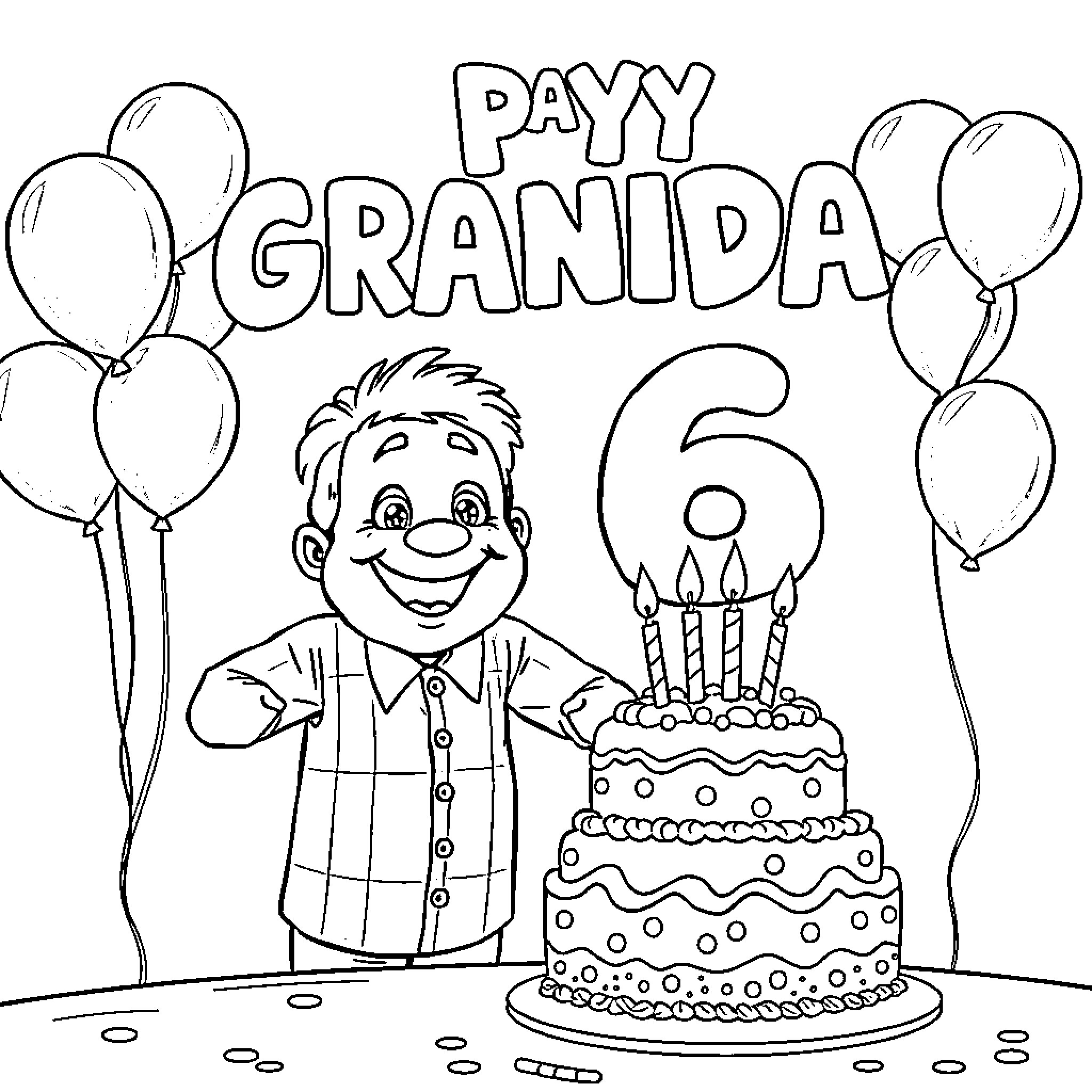 Grandpa celebrates 60th birthday with cake and balloons Coloring Page (free black-and-white line drawing printable PDF for all, from beginners to advanced learners, including children, teens, adults, and seniors)