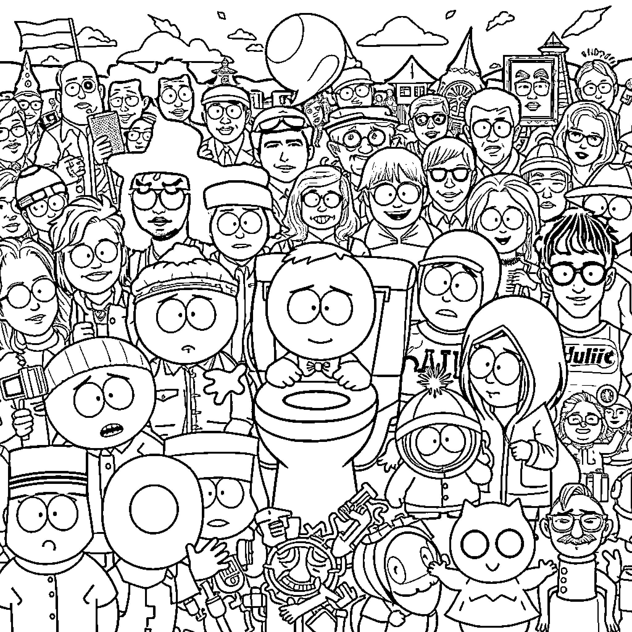 Character crowded scene with various expressions Coloring Page (free black-and-white line drawing printable PDF for all, from beginners to advanced learners, including children, teens, adults, and seniors)