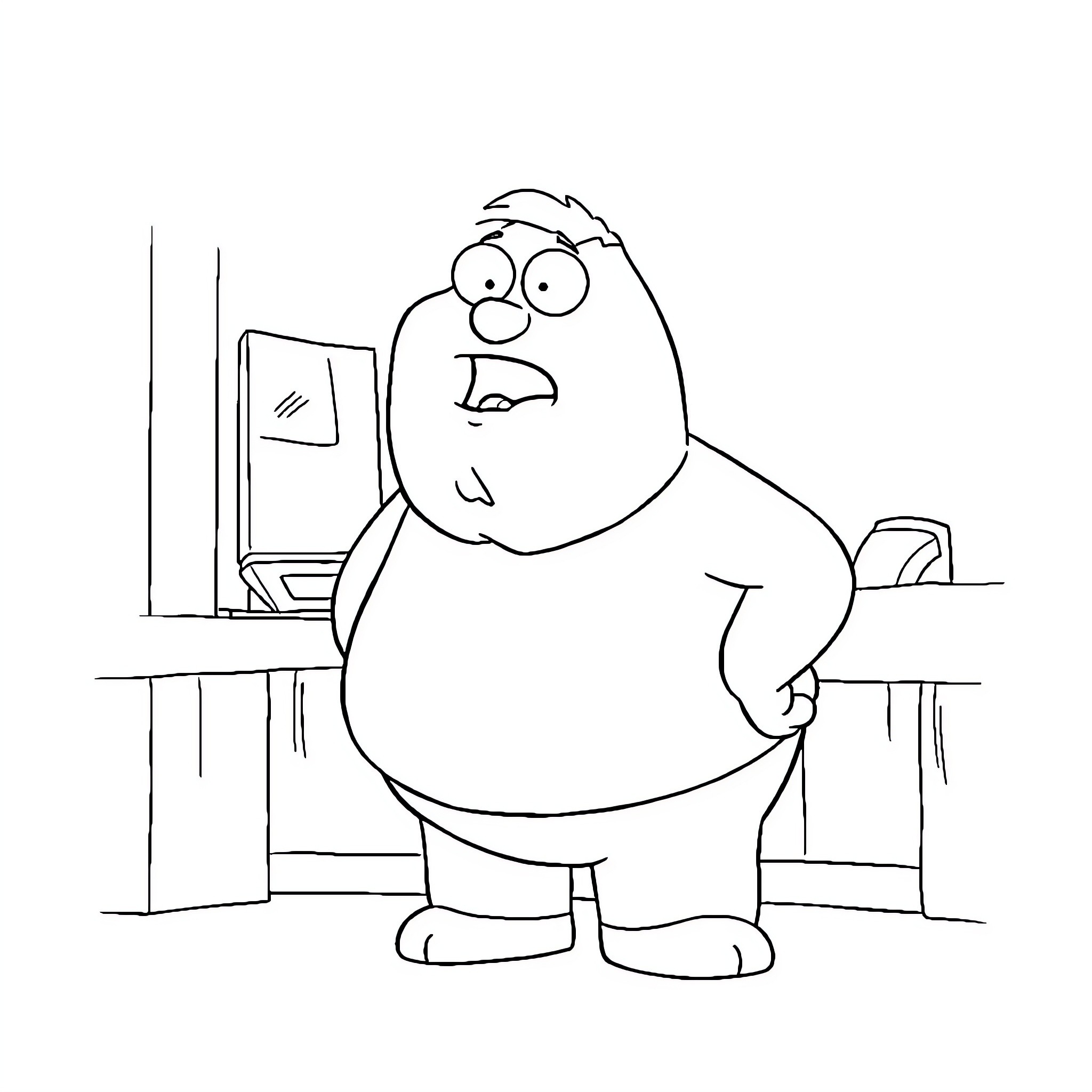 Peter Griffin surprised and worried at desk Coloring Page (free black-and-white line drawing printable PDF for all, from beginners to advanced learners, including children, teens, adults, and seniors)
