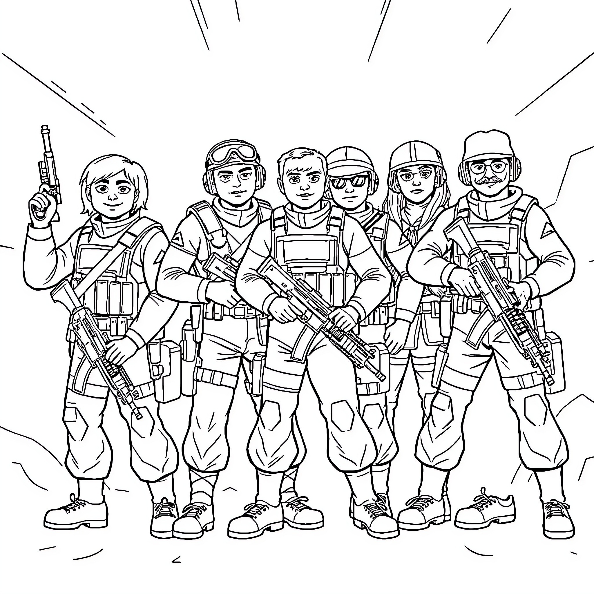 GI Joe Squad Gearing Up for Action Coloring Page (free black-and-white line drawing printable PDF for all, from beginners to advanced learners, including children, teens, adults, and seniors)