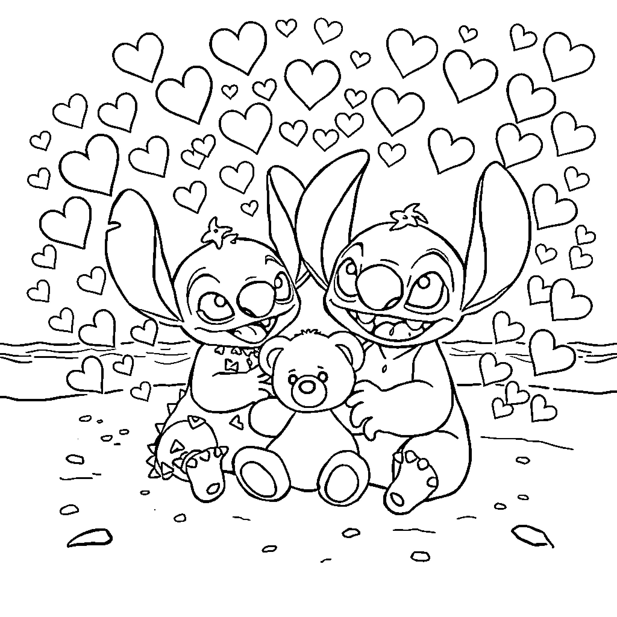 Lilo's Playful Encounter with Stitch and Friends Coloring Page (free black-and-white line drawing printable PDF for all, from beginners to advanced learners, including children, teens, adults, and seniors)
