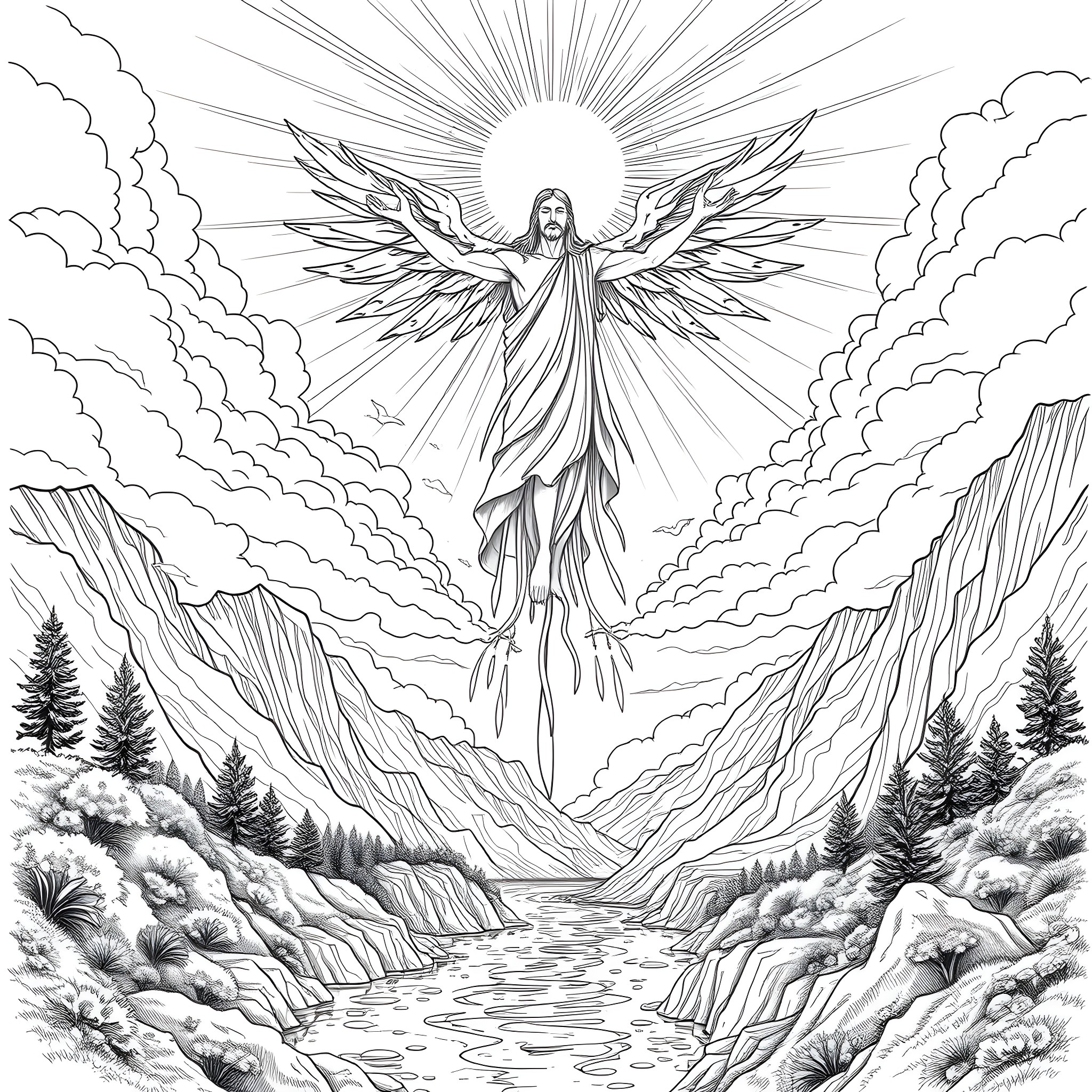 Spirit of the Divine Ascending in the Snowy Landscape Coloring Page (free black-and-white line drawing printable PDF for all, from beginners to advanced learners, including children, teens, adults, and seniors)