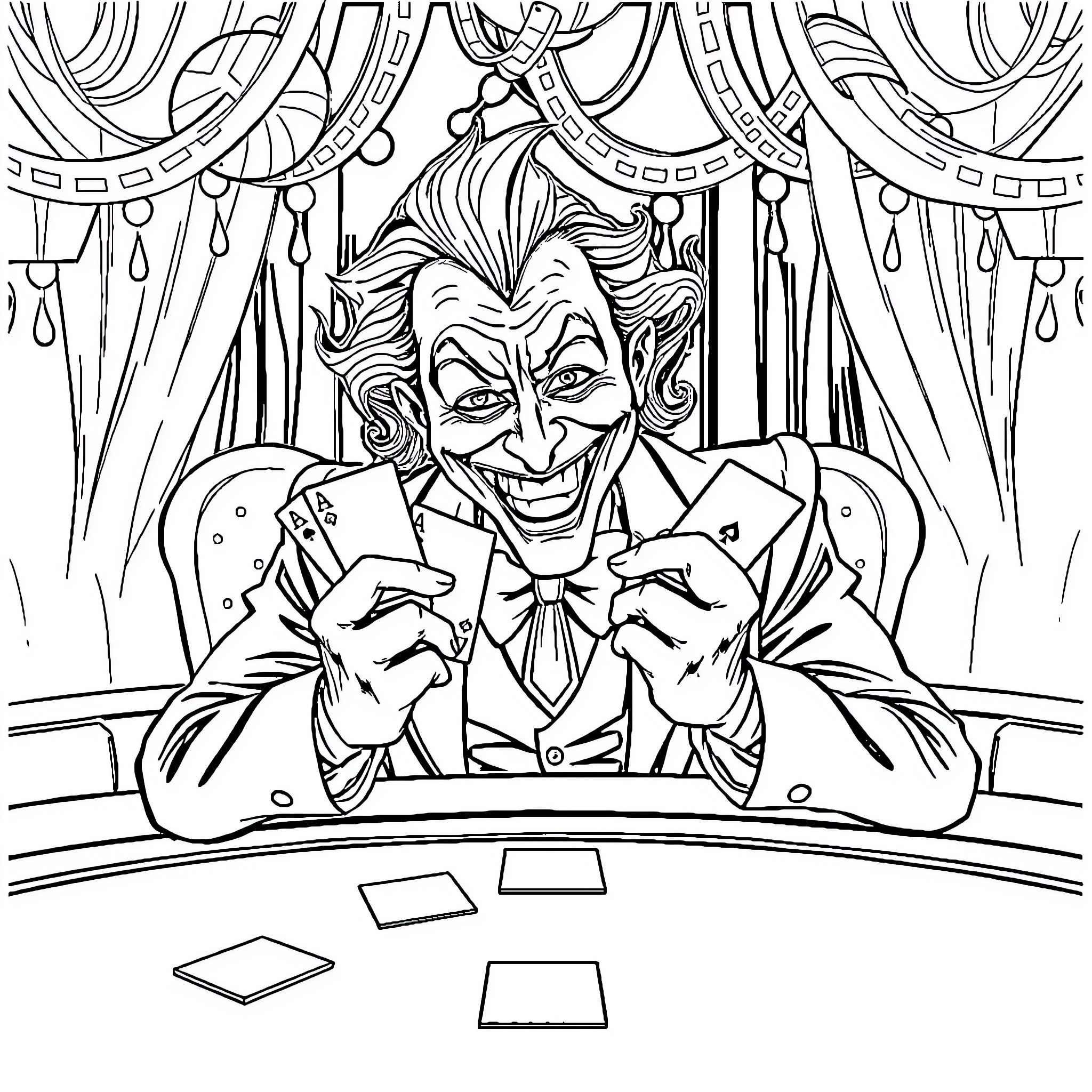 Joker playing cards in his stage performance Coloring Page (free black-and-white line drawing printable PDF for all, from beginners to advanced learners, including children, teens, adults, and seniors)