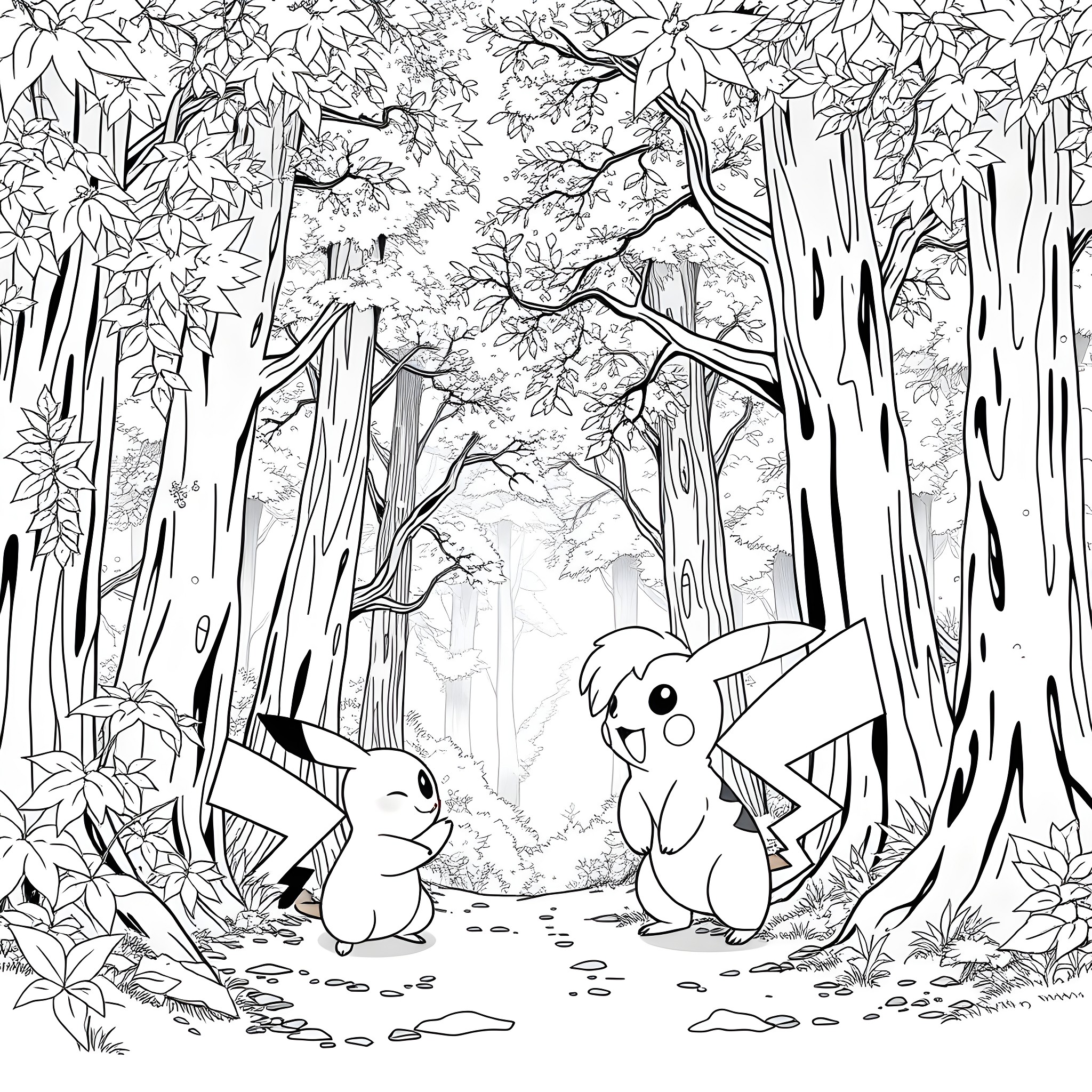 Pikachu Exploring the Enchanted Forest Coloring Page (free black-and-white line drawing printable PDF for all, from beginners to advanced learners, including children, teens, adults, and seniors)