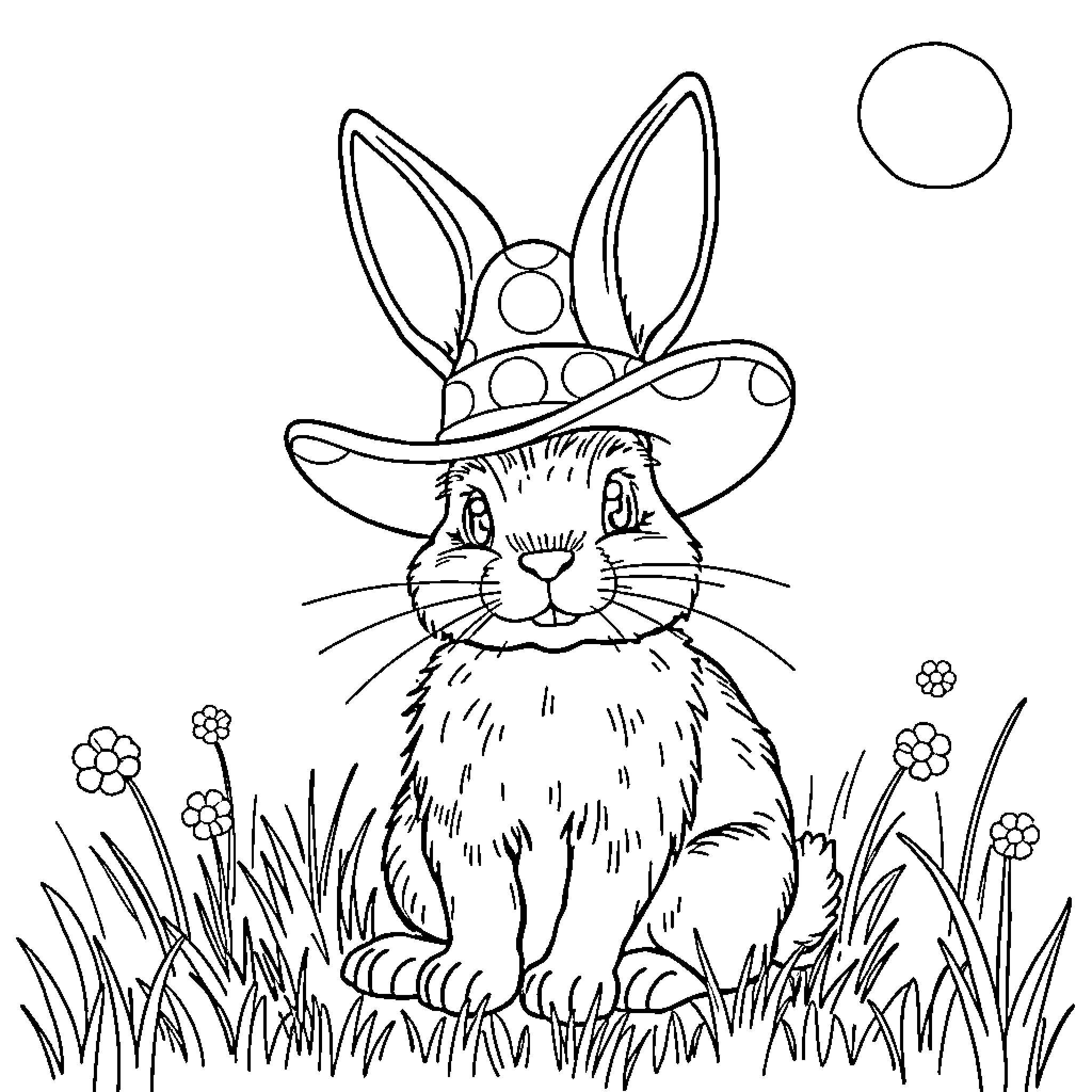 Bunny wearing a patterned hat in a flower-filled meadow Coloring Page (free black-and-white line drawing printable PDF for all, from beginners to advanced learners, including children, teens, adults, and seniors)