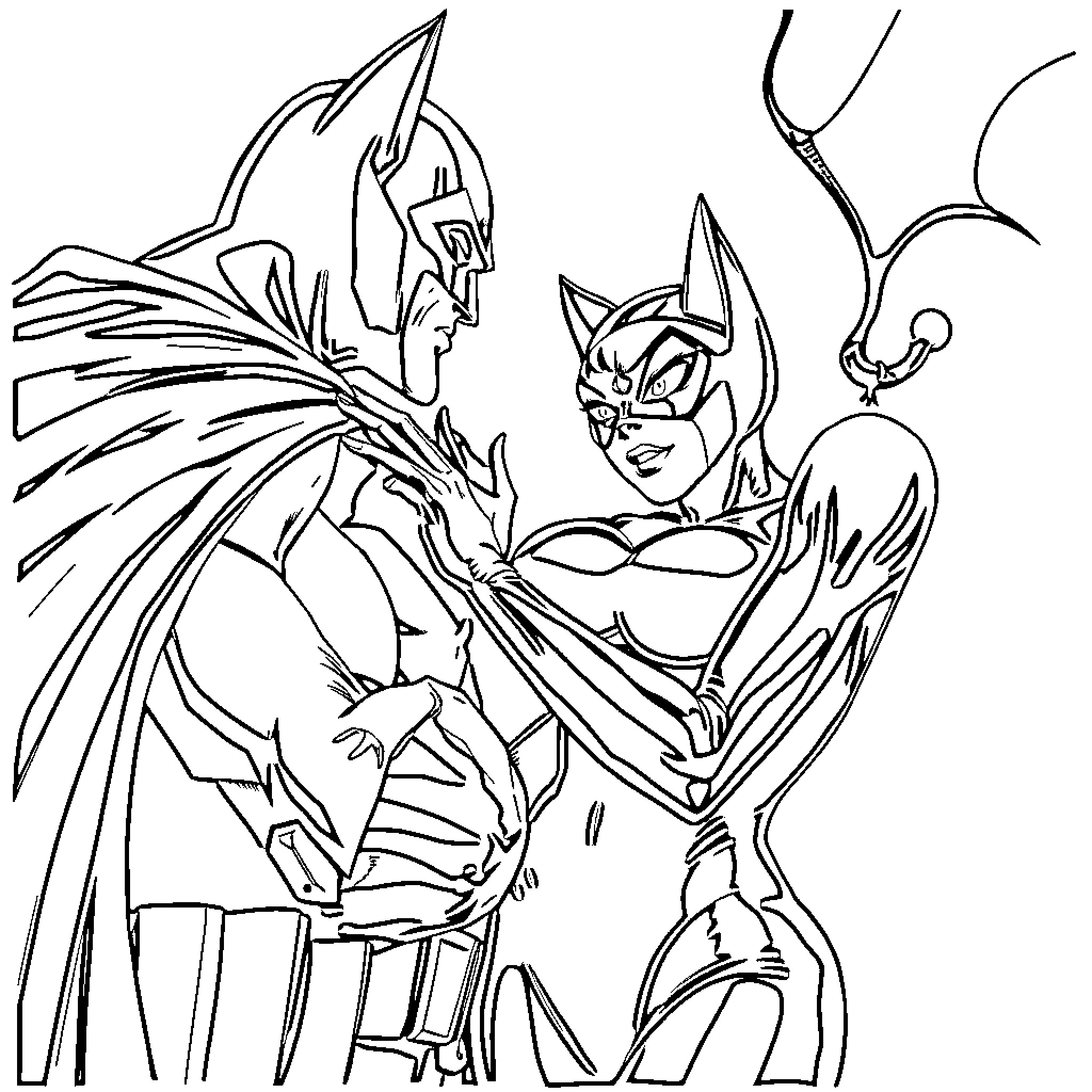 Cat Woman fighting villains in dramatic pose Coloring Page (free black-and-white line drawing printable PDF for all, from beginners to advanced learners, including children, teens, adults, and seniors)