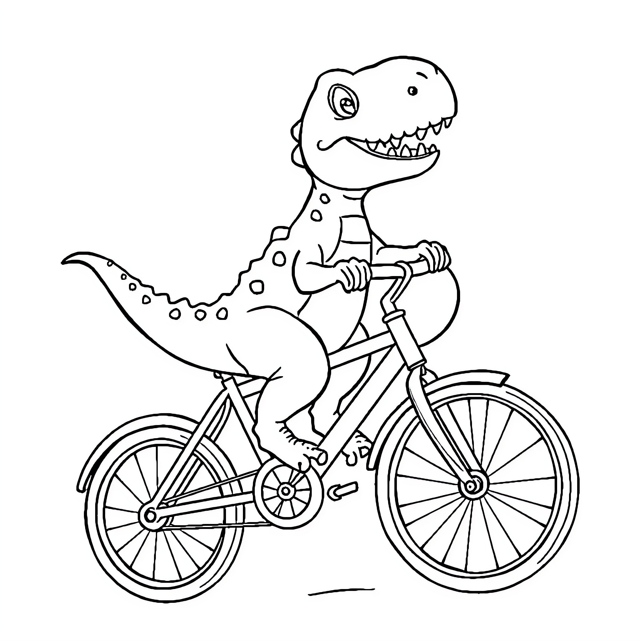 Dinosaur riding a bicycle Coloring Page (free black-and-white line drawing printable PDF for all, from beginners to advanced learners, including children, teens, adults, and seniors)