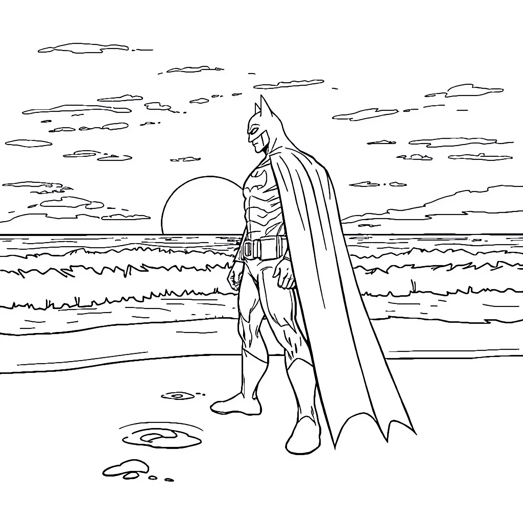 Batman standing vigilant on the beach Coloring Page (free black-and-white line drawing printable PDF for all, from beginners to advanced learners, including children, teens, adults, and seniors)