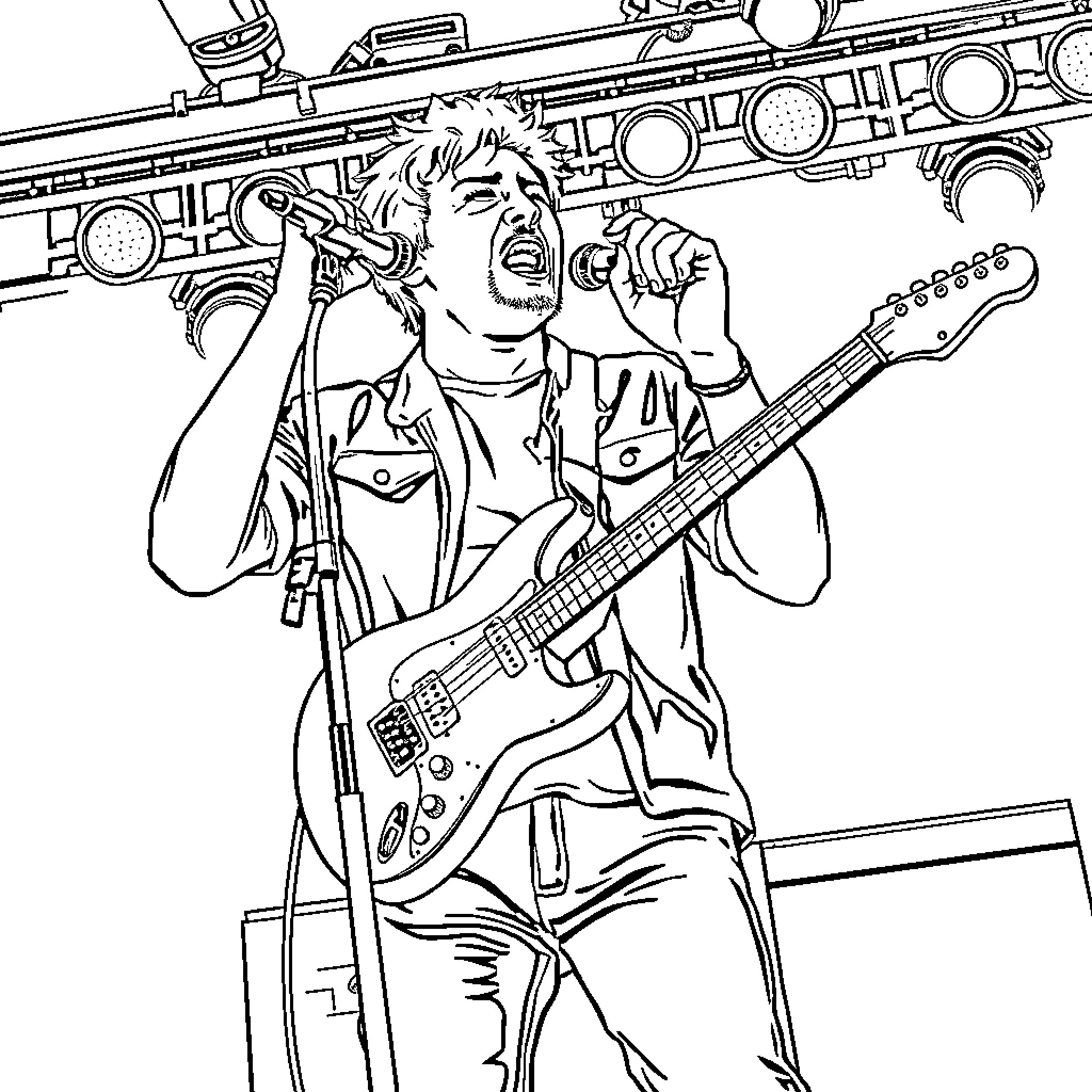 Agust D performing on stage with a guitar Coloring Page (free black-and-white line drawing printable PDF for all, from beginners to advanced learners, including children, teens, adults, and seniors)